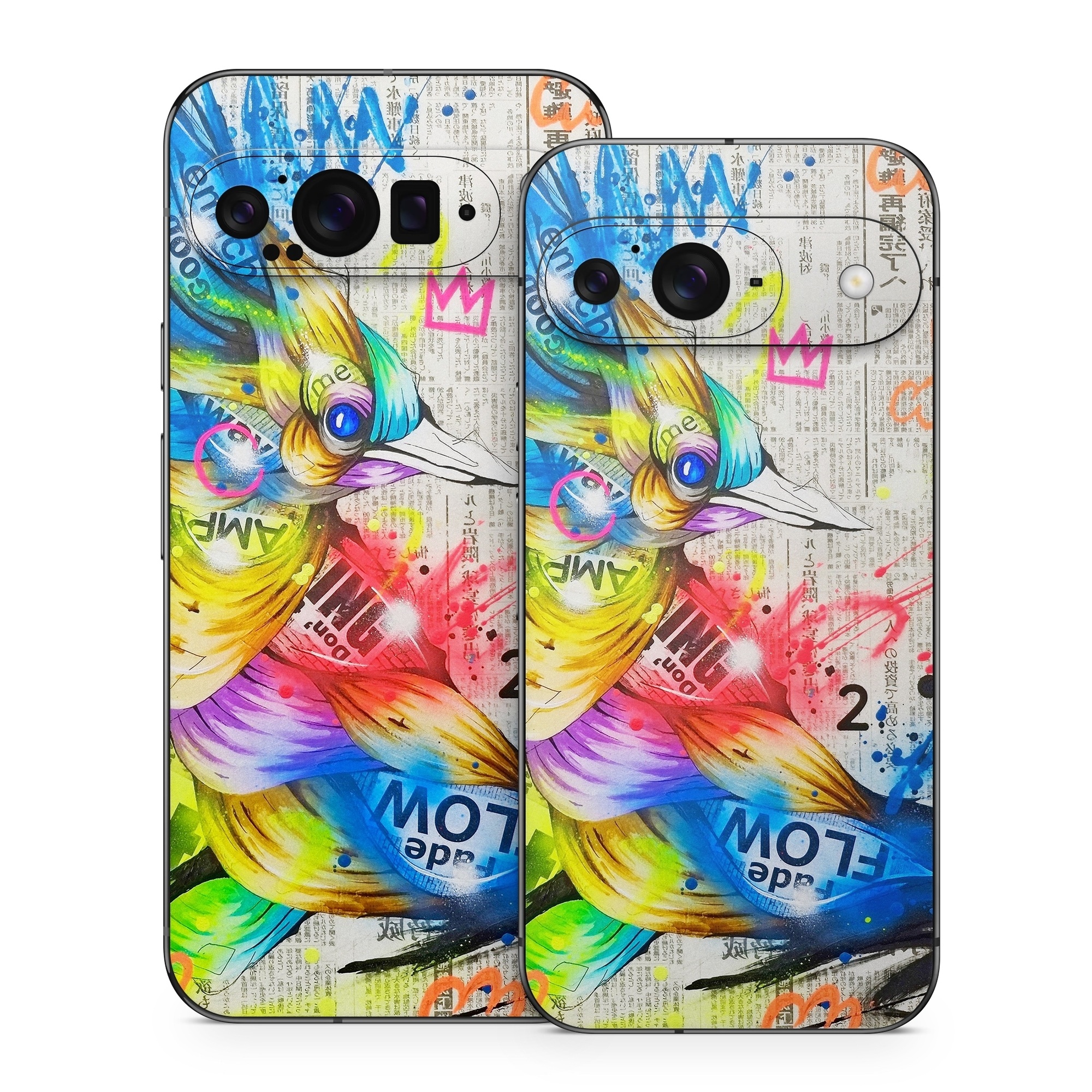 Google Pixel 9 Series Skin design of Graphic design, Font, Art, Graphics, Illustration, with blue, red, orange, pink, white, black, yellow, green colors