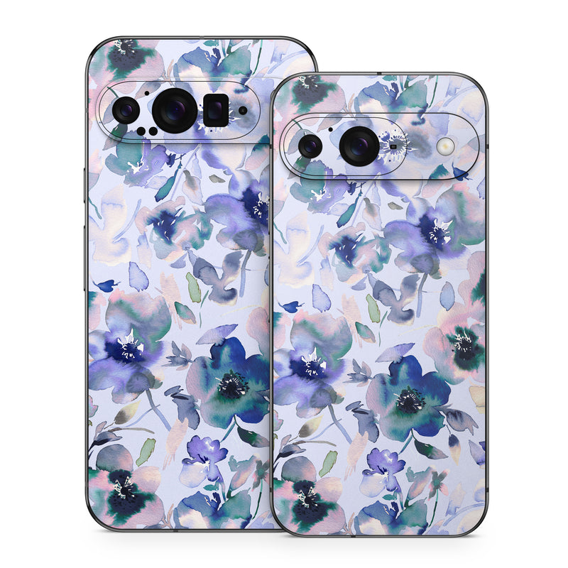 Google Pixel 9 Series Skin design of Blue, Flower, Petal, Pink, Purple, Wildflower, Watercolor painting, Floral design, Lobelias, Borages, with white, purple, black, pink, green colors