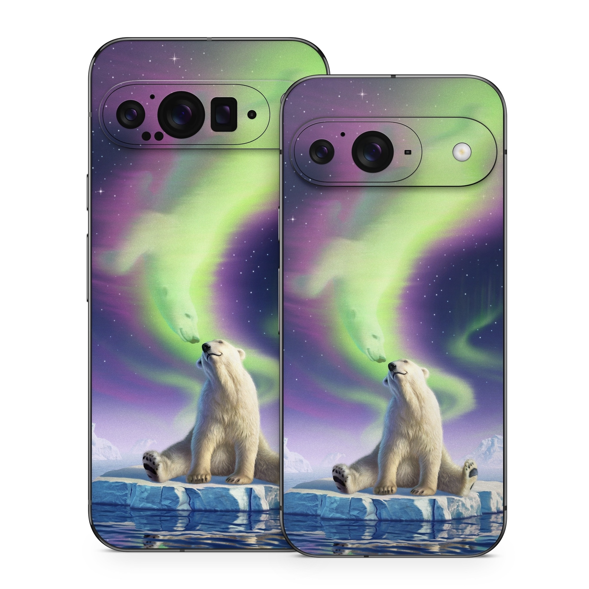 Google Pixel 9 Series Skin design of Aurora, Sky, Wildlife, Polar bear, Fictional character, with white, blue, green, purple colors