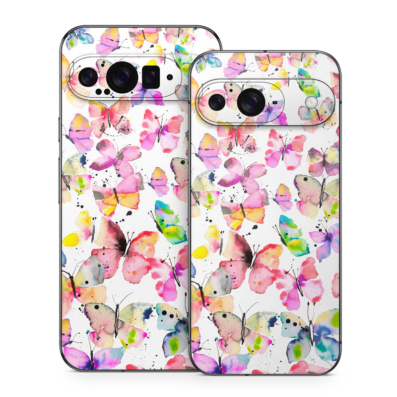 Google Pixel 9 Series Skin design of Pollinator, Butterfly, Pink, Insect, Lepidoptera, Arthropod, Paint, Watercolor painting, with white, pink, red, blue, green, purple, yellow, orange colors