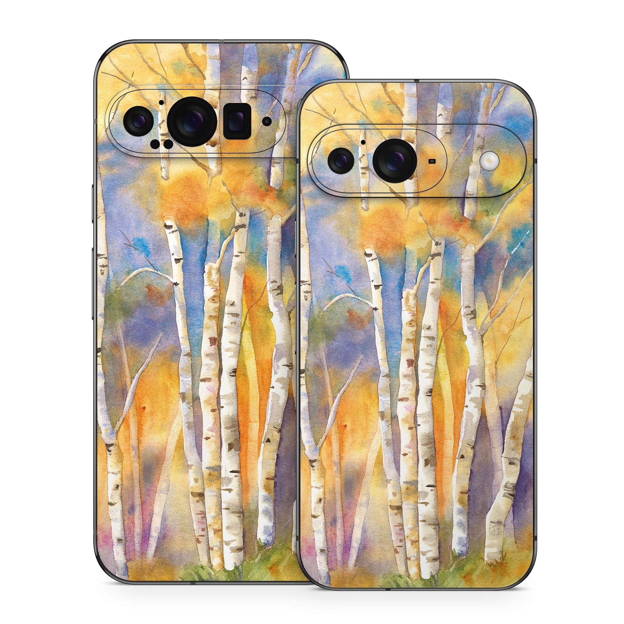 Google Pixel 9 Series Skin design of Canoe birch, Watercolor paint, Tree, Birch, Woody plant, Painting, Plant, Birch family, Paint, Trunk, with orange, yellow, green, white, purple, blue colors