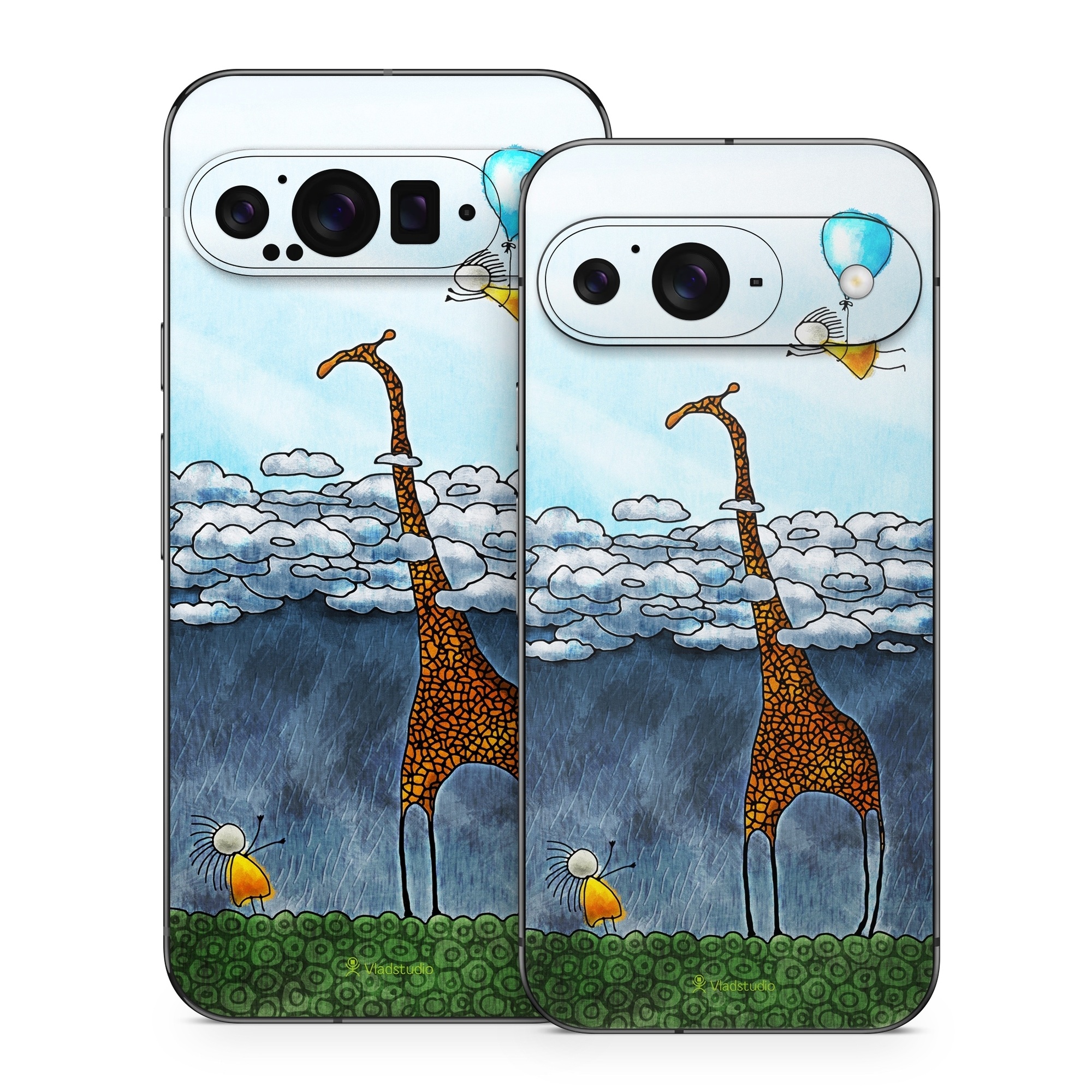 Google Pixel 9 Series Skin design of Giraffe, Sky, Tree, Water, Branch, Giraffidae, Illustration, Cloud, Grassland, Bird, with blue, gray, yellow, green colors