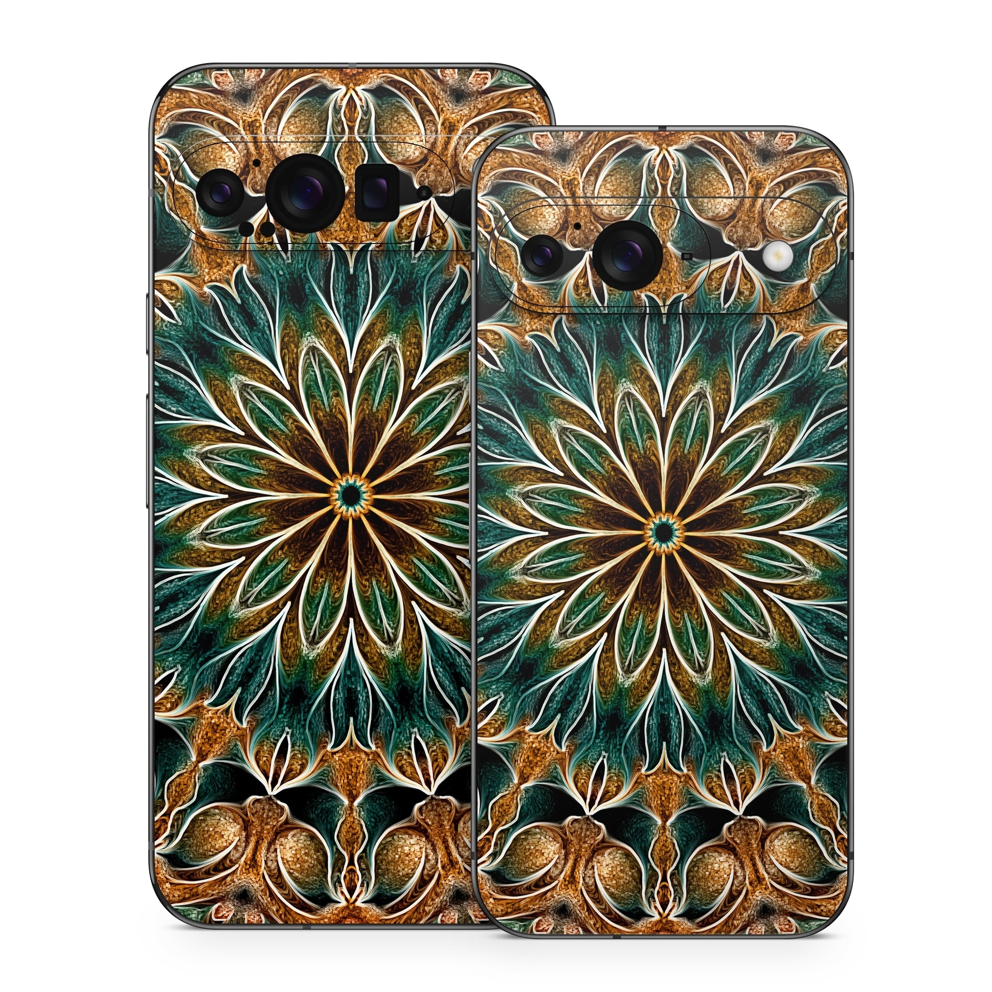 Google Pixel 9 Series Skin design of Pattern, Symmetry, Textile, Art, Psychedelic art, Tapestry, Design, Visual arts, Kaleidoscope, Motif, with green, orange, yellow, brown, red colors