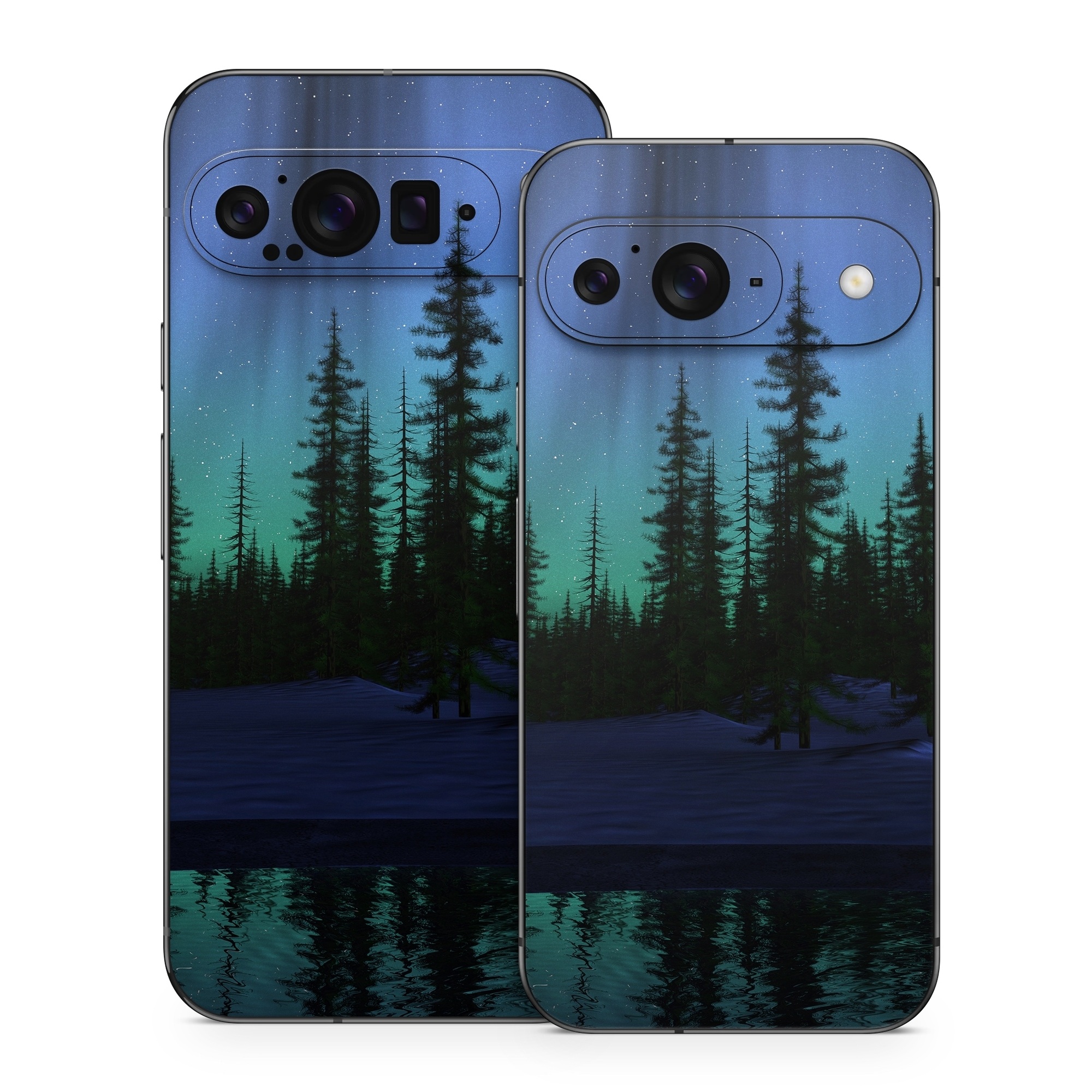 Google Pixel 9 Series Skin design of Aurora, Nature, Sky, shortleaf black spruce, Natural landscape, Tree, Wilderness, Natural environment, Biome, Spruce-fir forest, with blue, purple, green, black colors