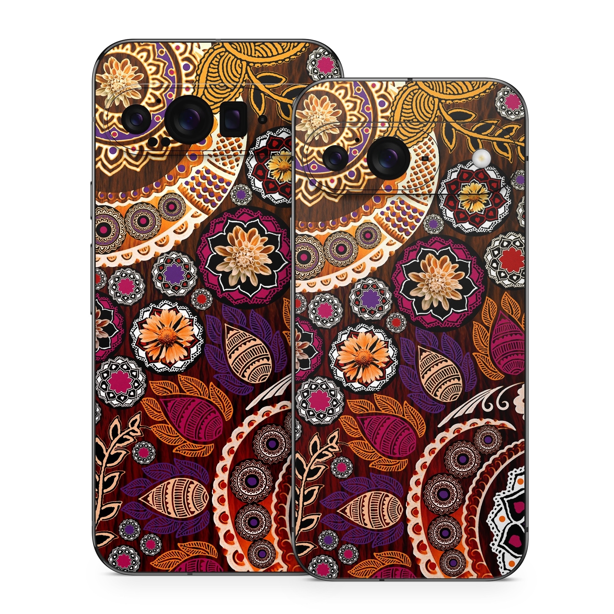 Google Pixel 9 Series Skin design of Pattern, Motif, Visual arts, Design, Art, Floral design, Textile, Paisley, Tapestry, Circle, with brown, purple, red, white, black colors