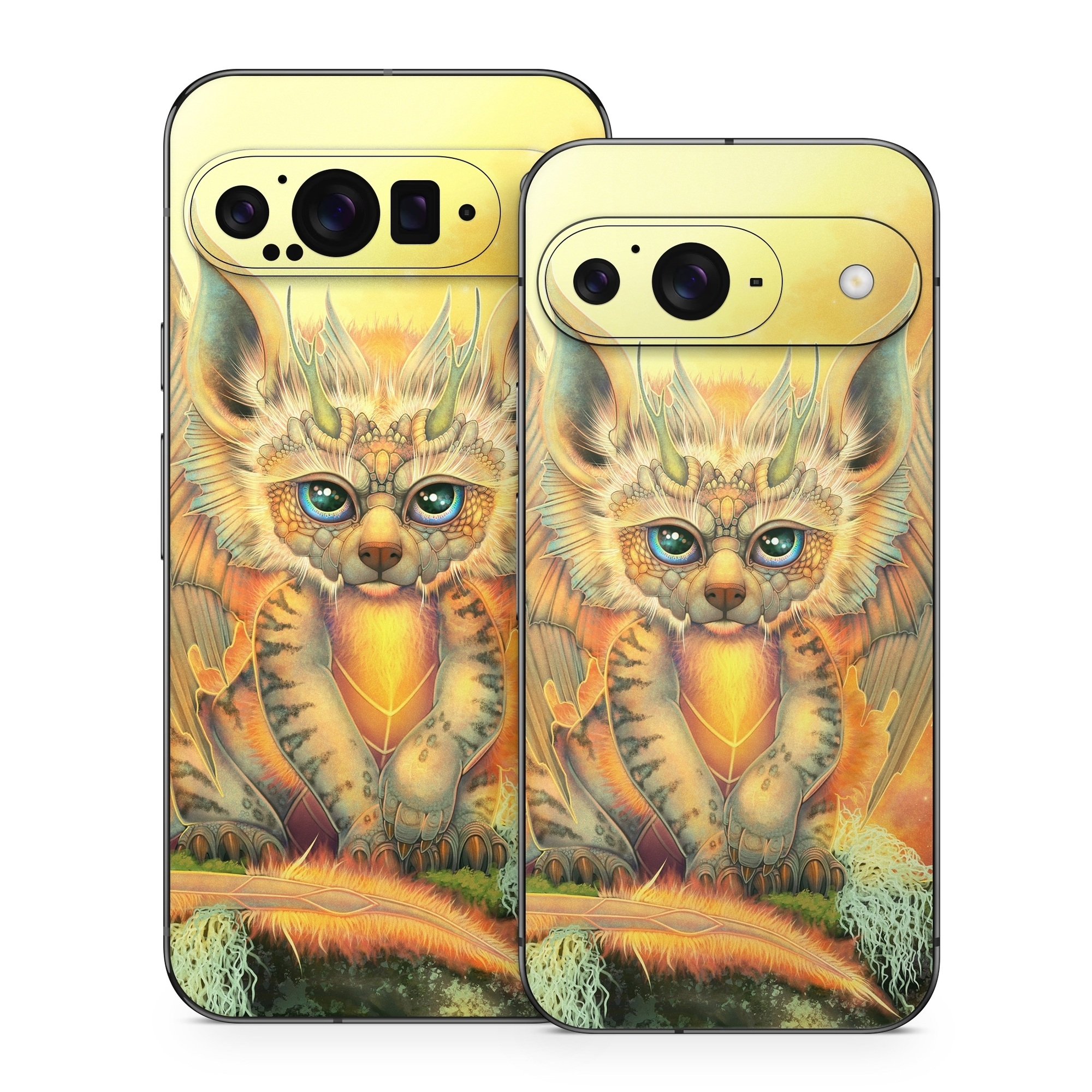 Google Pixel 9 Series Skin design of Nature, Mammal, Art, Fawn, Owl, Illustration, Tail, Fictional character, Visual arts, Terrestrial animal, with yellow, orange, green, white, black colors