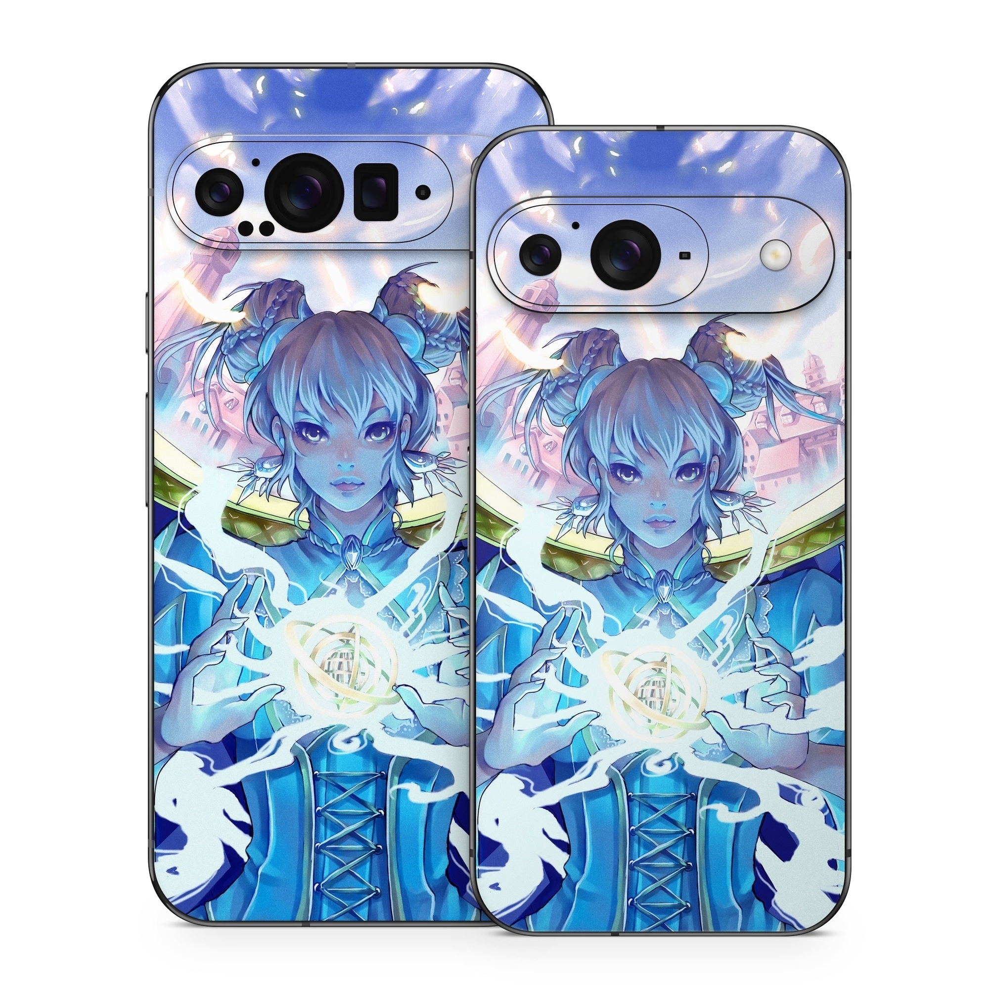 Google Pixel 9 Series Skin design of Cg artwork, Anime, Cartoon, Sky, Long hair, Illustration, Fictional character, Black hair, Art, with blue, purple, pink, white, yellow colors