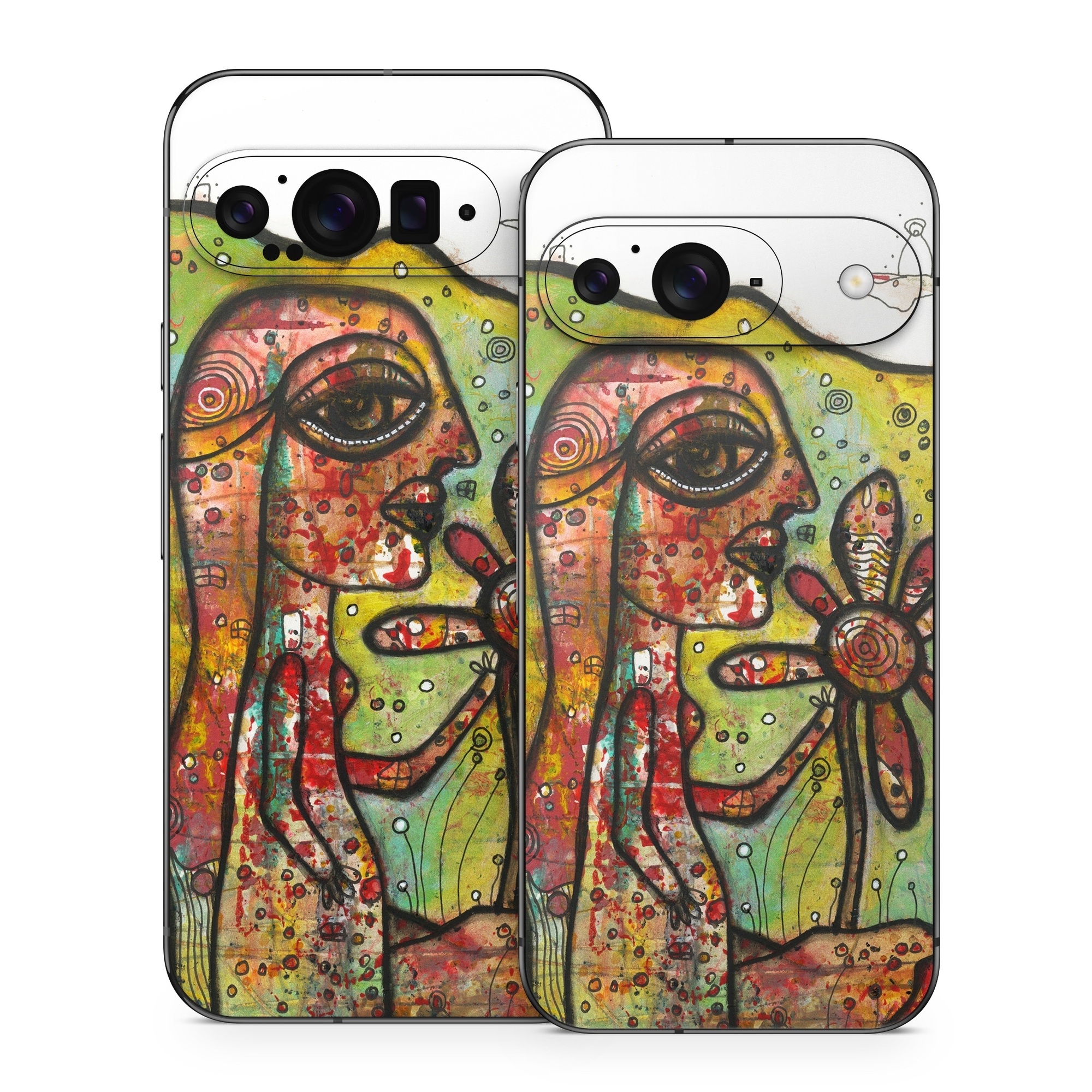 Google Pixel 9 Series Skin design of Modern art, Art, Painting, Acrylic paint, Psychedelic art, Visual arts, Watercolor paint, Illustration, Paint, Style, with green, black, red, white, orange, yellow colors