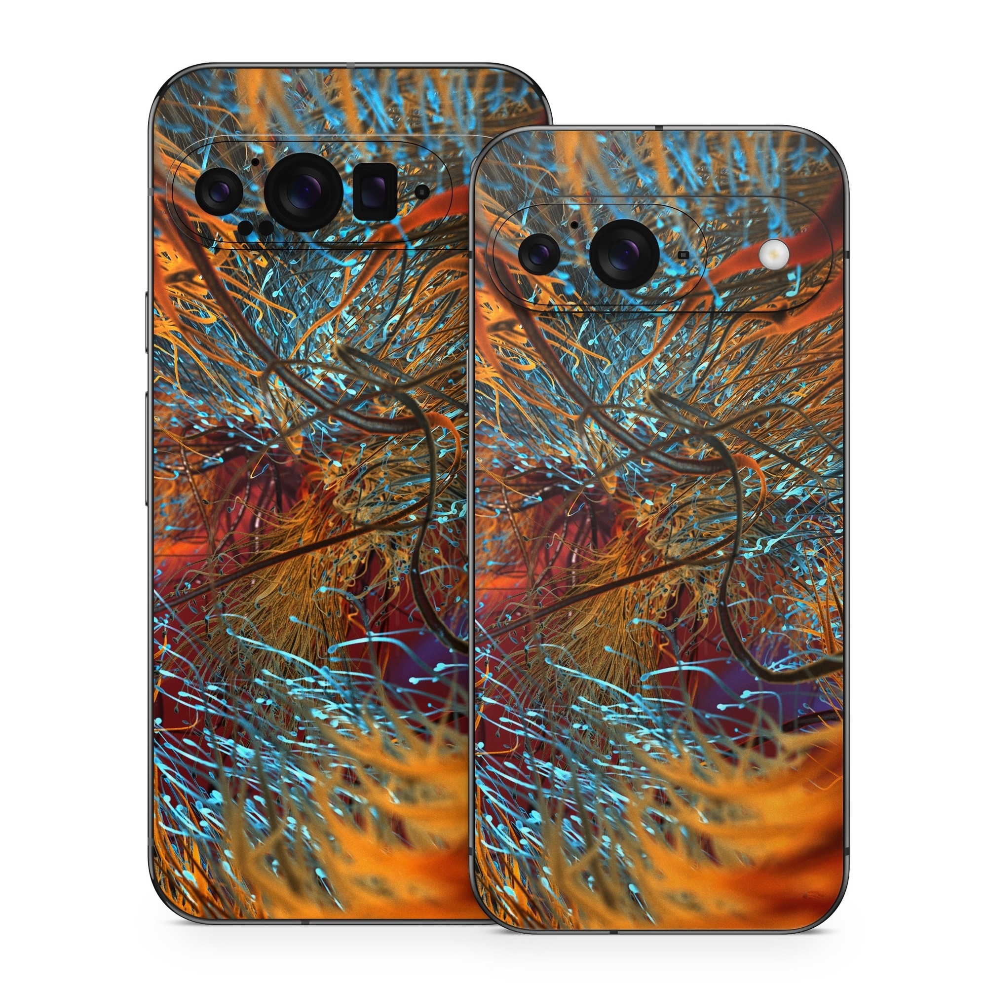Google Pixel 9 Series Skin design of Orange, Tree, Electric blue, Organism, Fractal art, Plant, Art, Graphics, Space, Psychedelic art, with orange, blue, red, yellow, purple colors