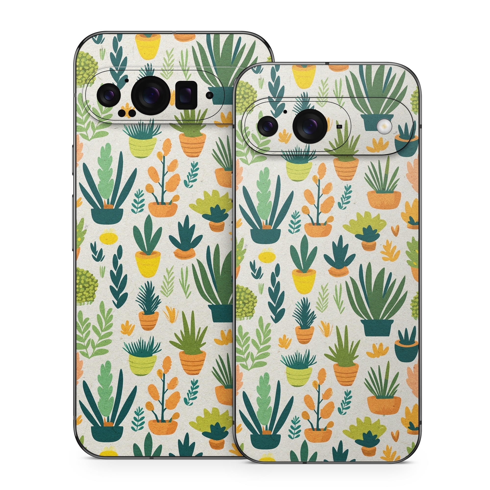 Google Pixel 9 Series Skin design of Flower, Plant, Petal, Textile, Botany, Art, Creative arts, Flowering plant, Porcelain, Groundcover, with white, green, brown, yellow, orange colors