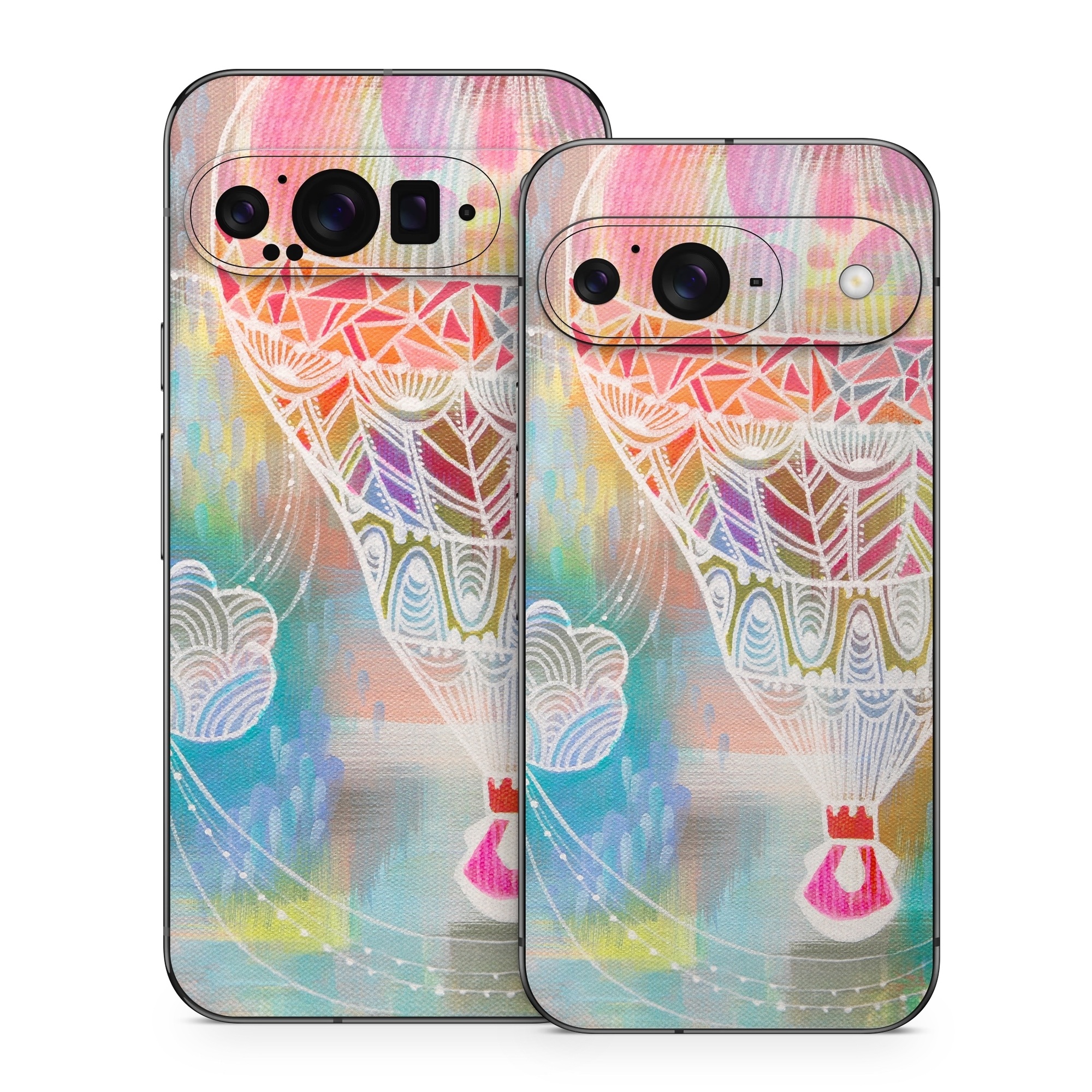 Google Pixel 9 Series Skin design of Hot air balloon, Balloon, Illustration, Pattern, Vehicle, Aerostat, Hot air ballooning, Graphic design, Art, with blue, red, yellow, pink, white colors