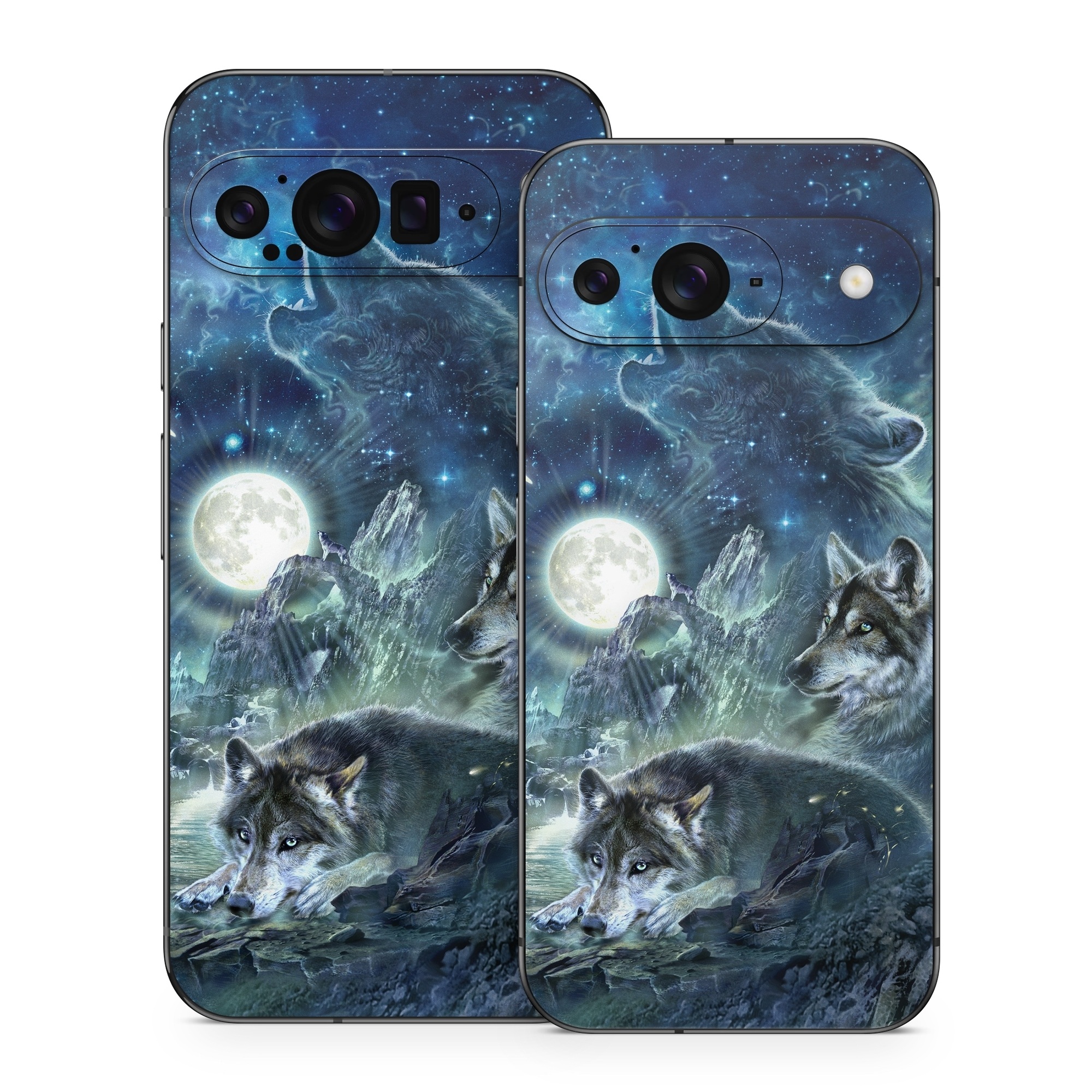 Google Pixel 9 Series Skin design of Cg artwork, Fictional character, Darkness, Werewolf, Illustration, Wolf, Mythical creature, Graphic design, Dragon, Mythology, with black, blue, gray, white colors