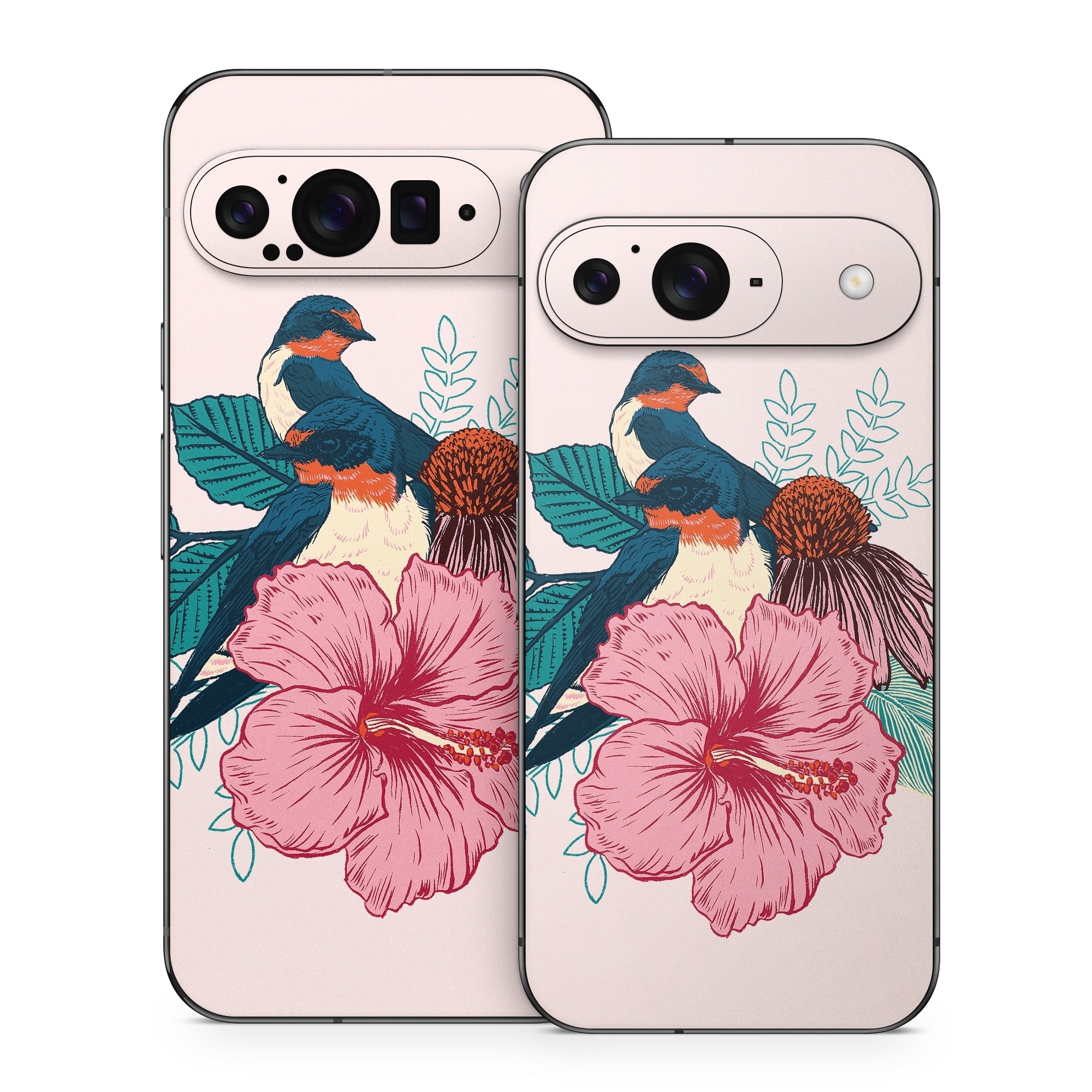 Google Pixel 9 Series Skin design of Bird, Hawaiian hibiscus, Hibiscus, Illustration, Chinese hibiscus, Botany, Flower, Plant, Malvales, Mallow family, with blue, pink, green, yellow, red colors