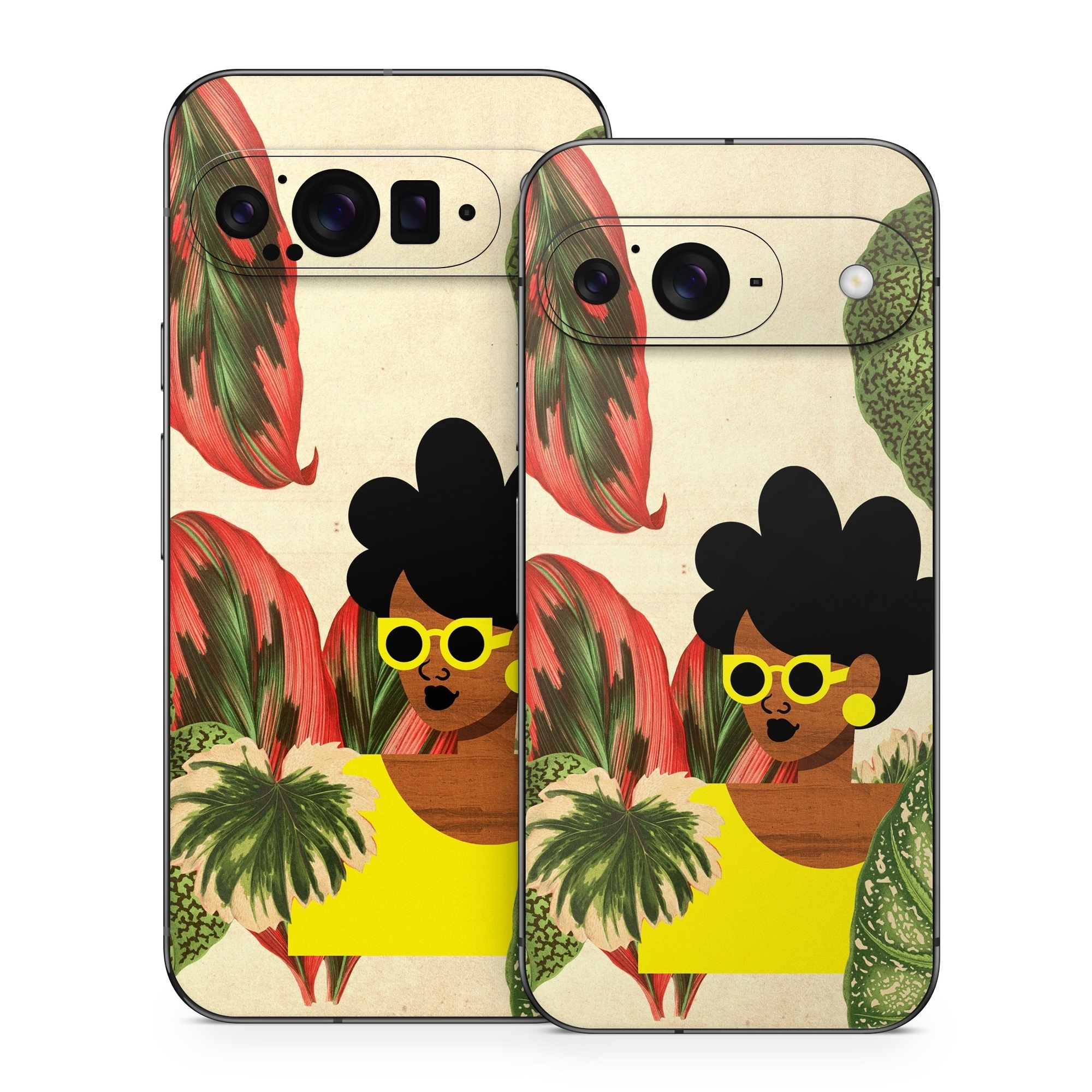 Google Pixel 9 Series Skin design of Illustration, Plant, Botany, Organism, Leaf, Art, Animation, Grass, Flower, Perennial plant, with green, black, brown, yellow, red colors