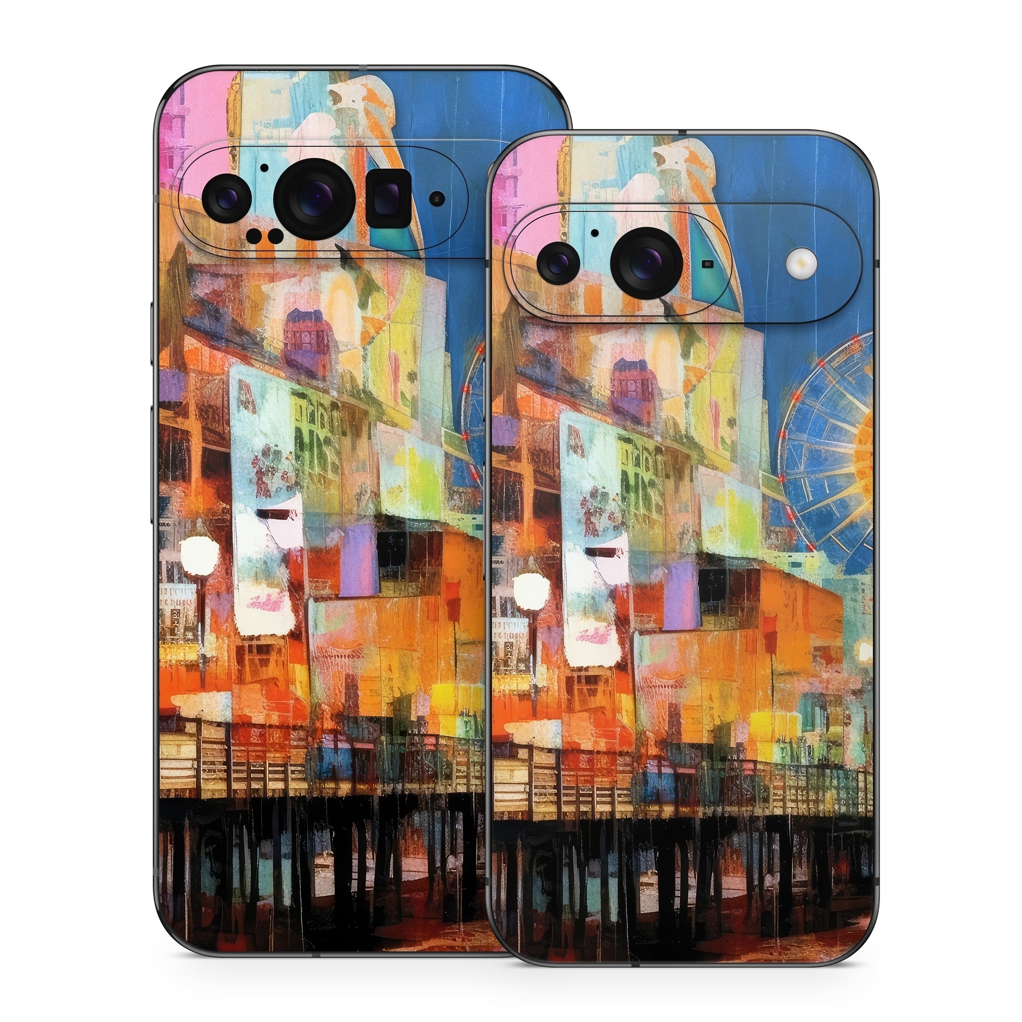 Google Pixel 9 Series Skin design of Light, World, Window, Tints and shades, City, Art, Leisure, Event, Building, Ferris wheel, with black, white, blue, pink, red, orange, yellow, green colors
