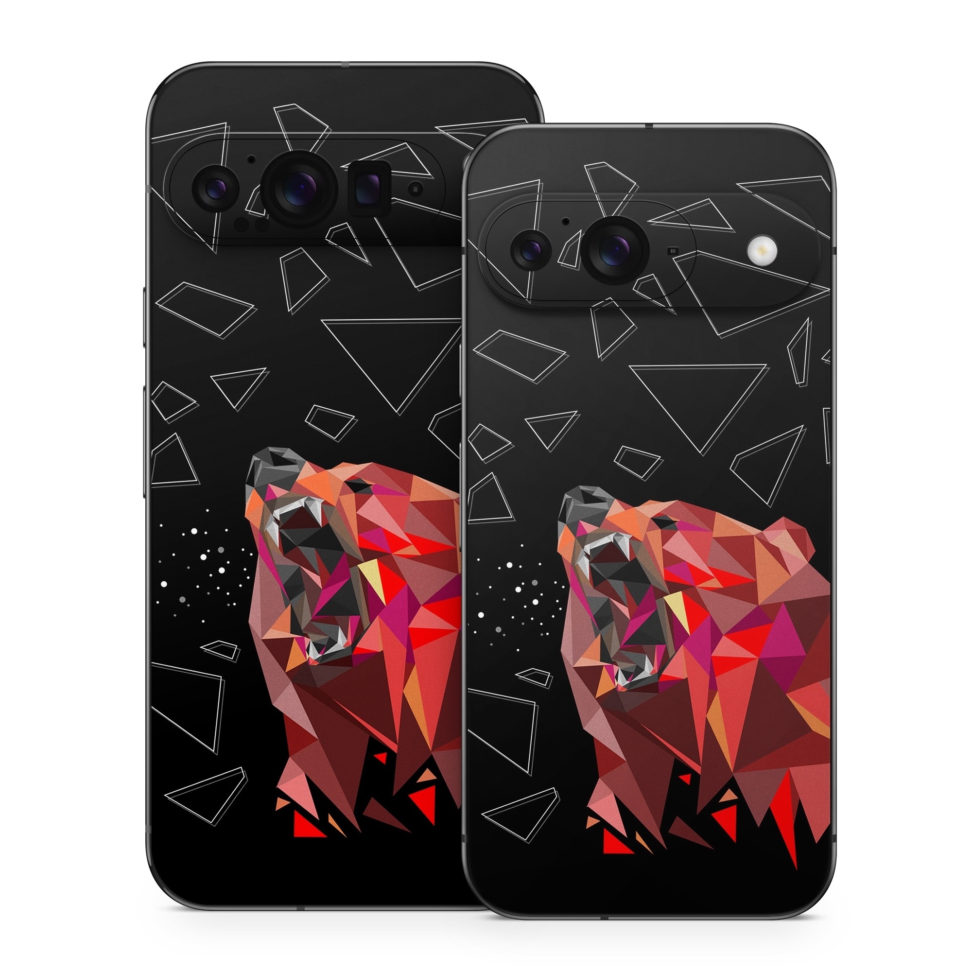 Google Pixel 9 Series Skin design of Graphic design, Triangle, Font, Illustration, Design, Art, Visual arts, Graphics, Pattern, Space, with black, red colors