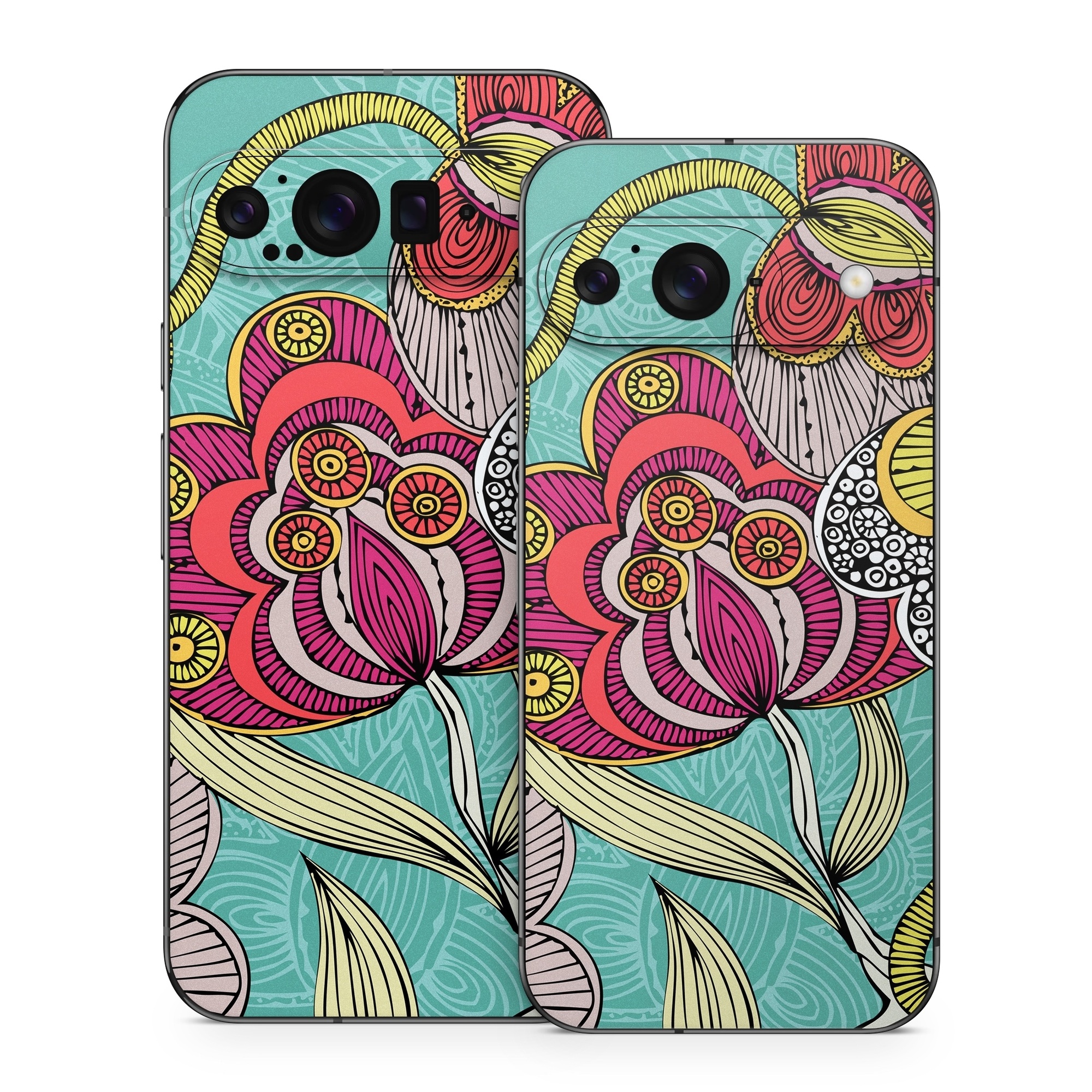 Google Pixel 9 Series Skin design of Pattern, Visual arts, Motif, Floral design, Design, Art, Plant, Flower, Organism, Textile, with red, yellow, blue, gray, pink colors