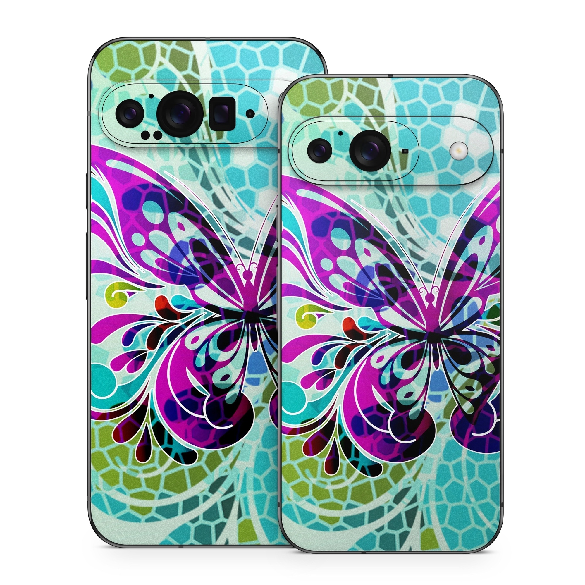 Google Pixel 9 Series Skin design of Butterfly, Pattern, Insect, Moths and butterflies, Purple, Graphic design, Design, Pollinator, Visual arts, Magenta, with blue, green, purple colors