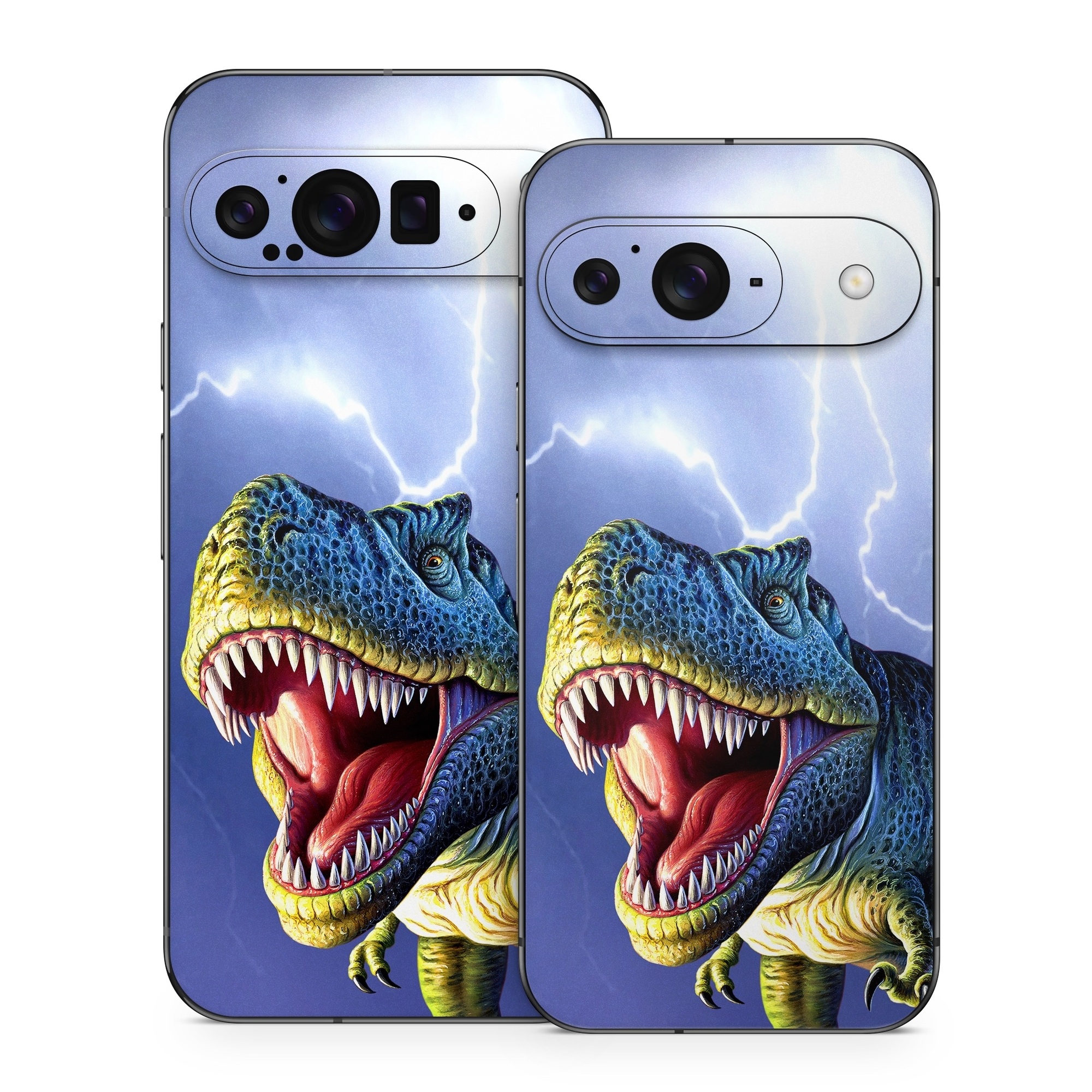 Google Pixel 9 Series Skin design of Dinosaur, Extinction, Tyrannosaurus, Velociraptor, Tooth, Jaw, Organism, Mouth, Fictional character, Art, with blue, green, yellow, orange, red colors