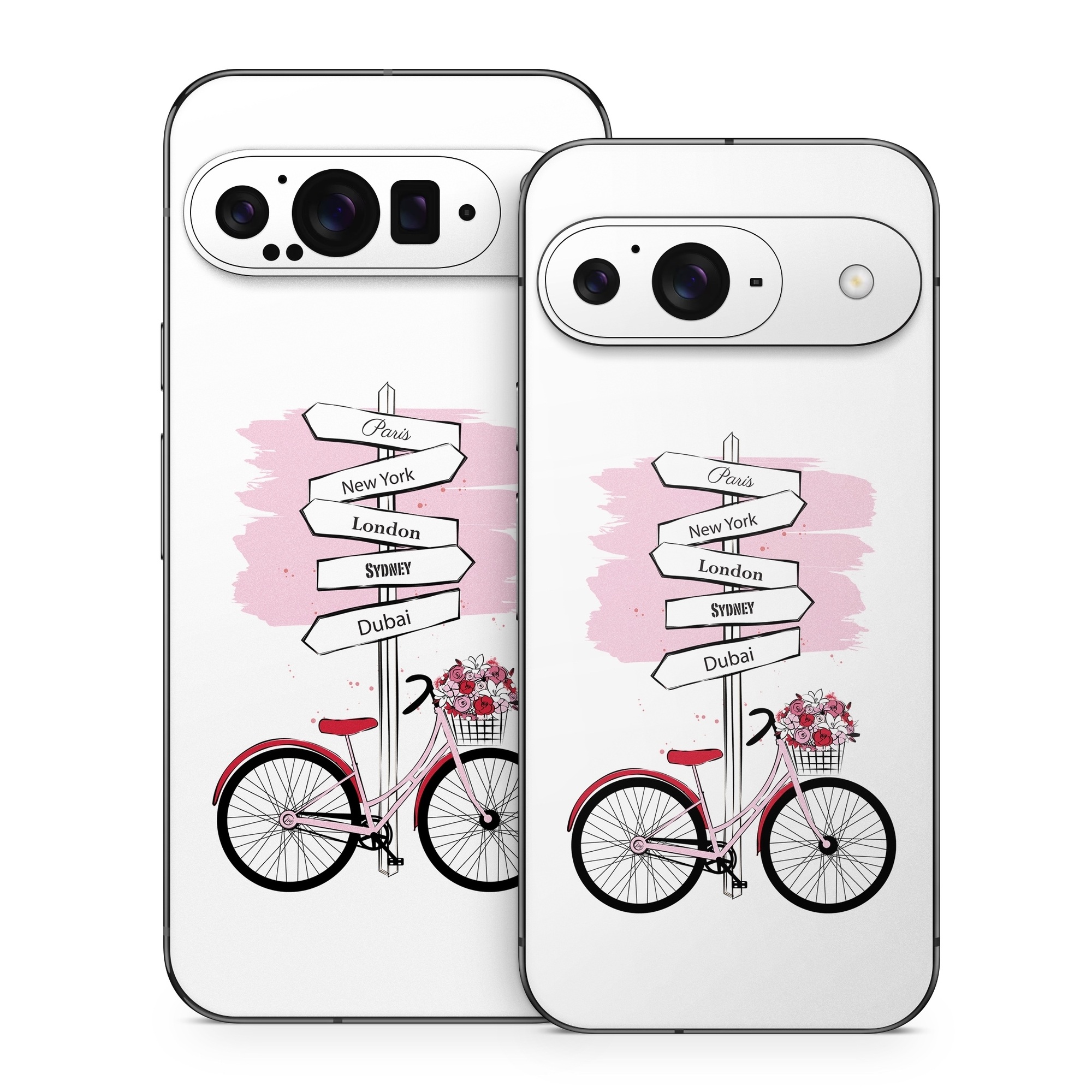 Google Pixel 9 Series Skin design of Bicycle, Wheel, Bicycles--Equipment and supplies, Tire, Bicycle tire, Bicycle frame, Bicycle wheel, Bicycle wheel rim, Vehicle, Bicycle fork, with white, black, red, pink colors