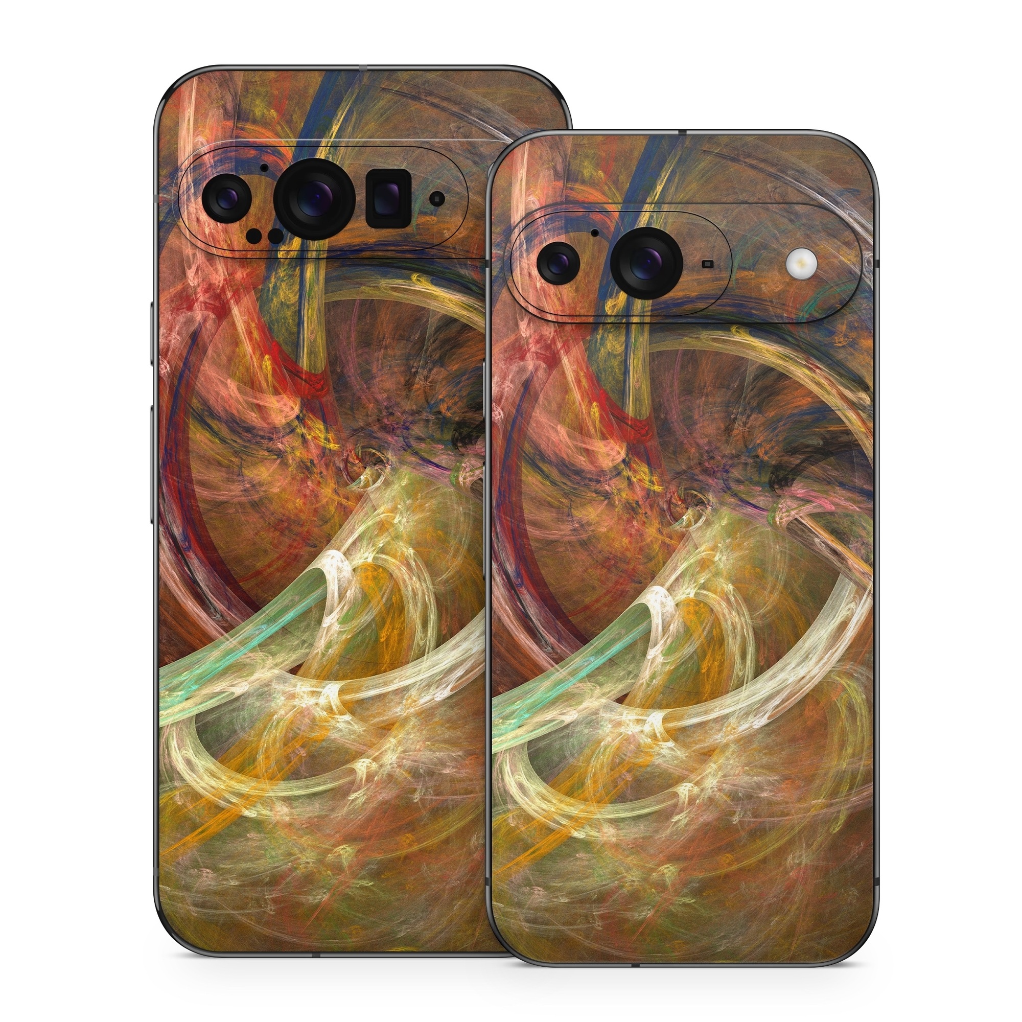 Google Pixel 9 Series Skin design of Fractal art, Art, Painting, Visual arts, Modern art, Graphics, Artwork, Stock photography, Circle, Space, with brown, red, yellow, orange, green colors