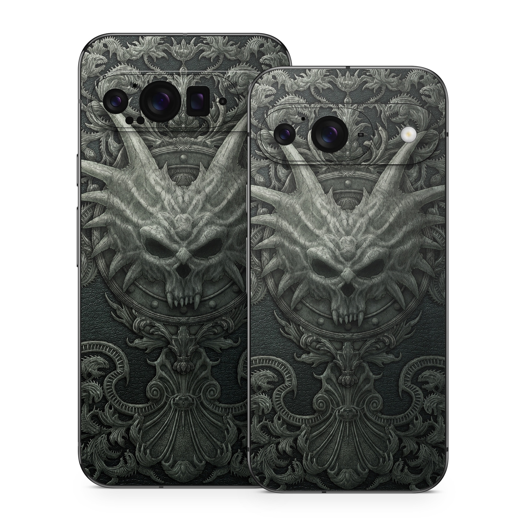 Google Pixel 9 Series Skin design of Demon, Dragon, Fictional character, Illustration, Supernatural creature, Drawing, Symmetry, Art, Mythology, Mythical creature, with black, gray colors