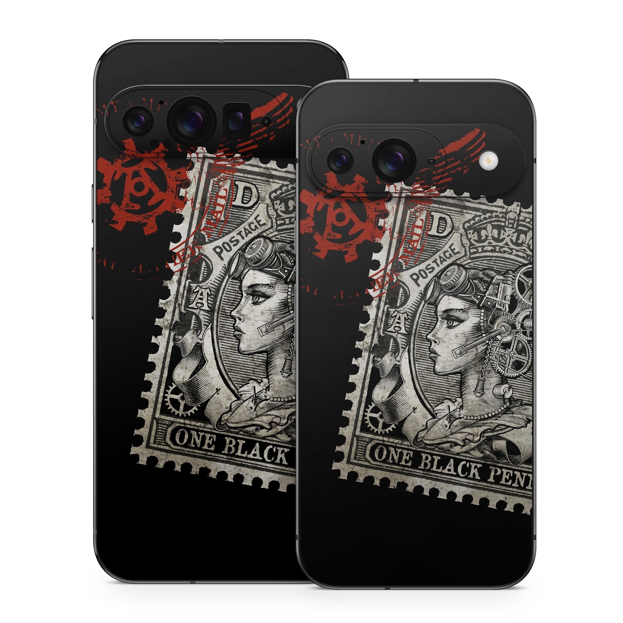 Google Pixel 9 Series Skin design of Font, Postage stamp, Illustration, Drawing, Art, with black, gray, red colors