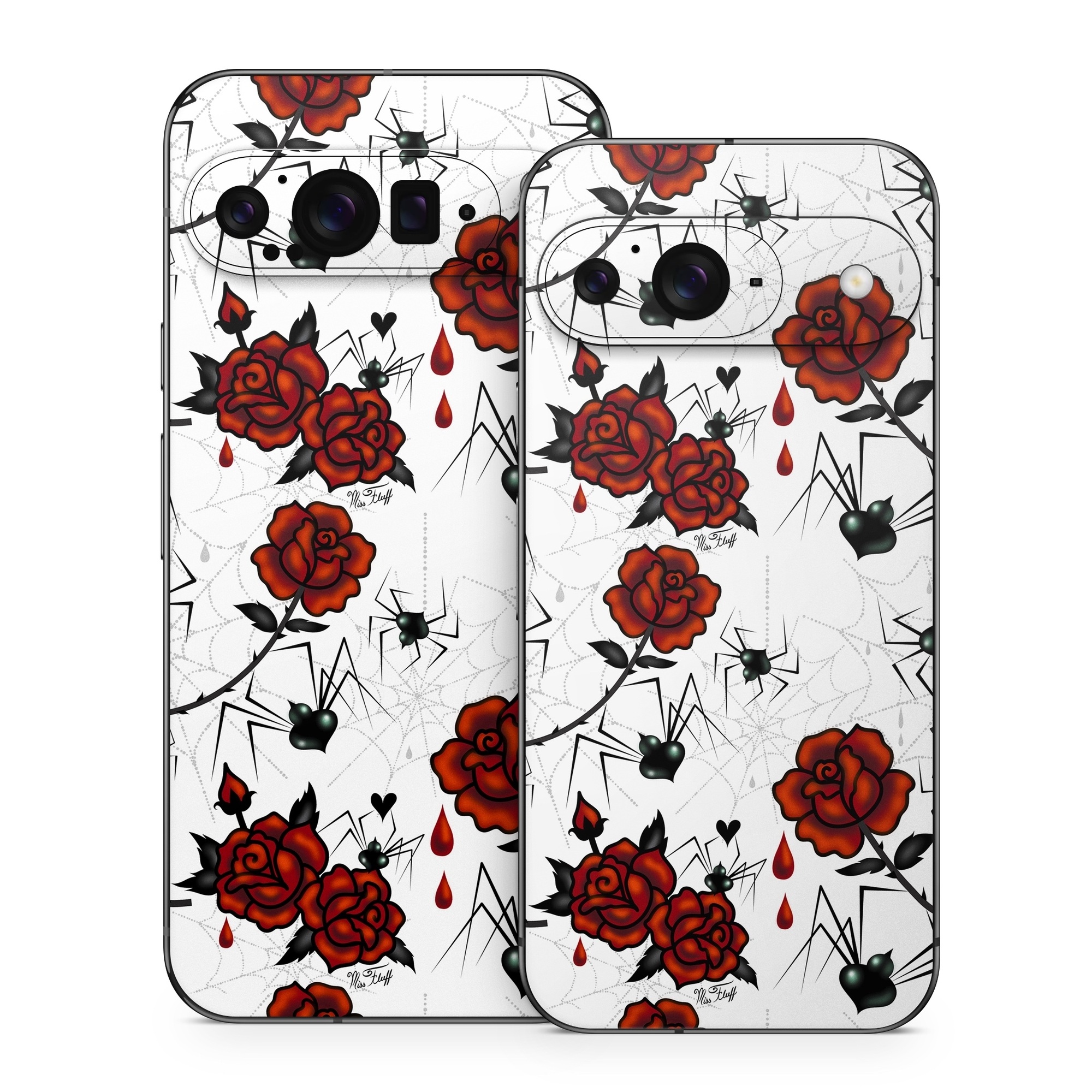 Google Pixel 9 Series Skin design of Red, Pattern, Flower, Plant, Design, Floral design, Petal, Coquelicot, Wildflower, Rose, with black, white, red colors