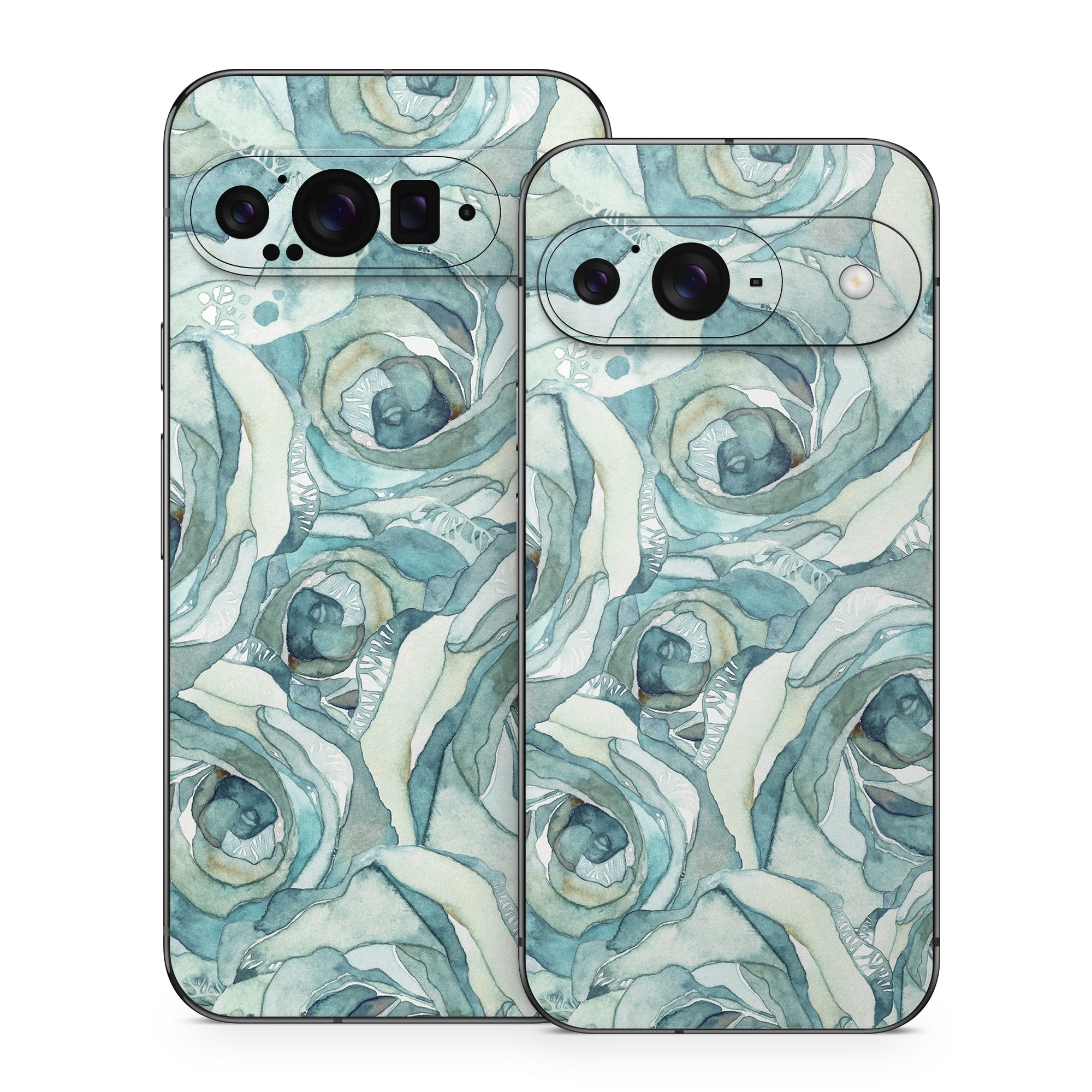 Google Pixel 9 Series Skin design of Rose, Garden roses, Blue, Flower, Rose family, Watercolor paint, Plant, Pattern, Rosa × centifolia, Blue rose, with blue, green colors