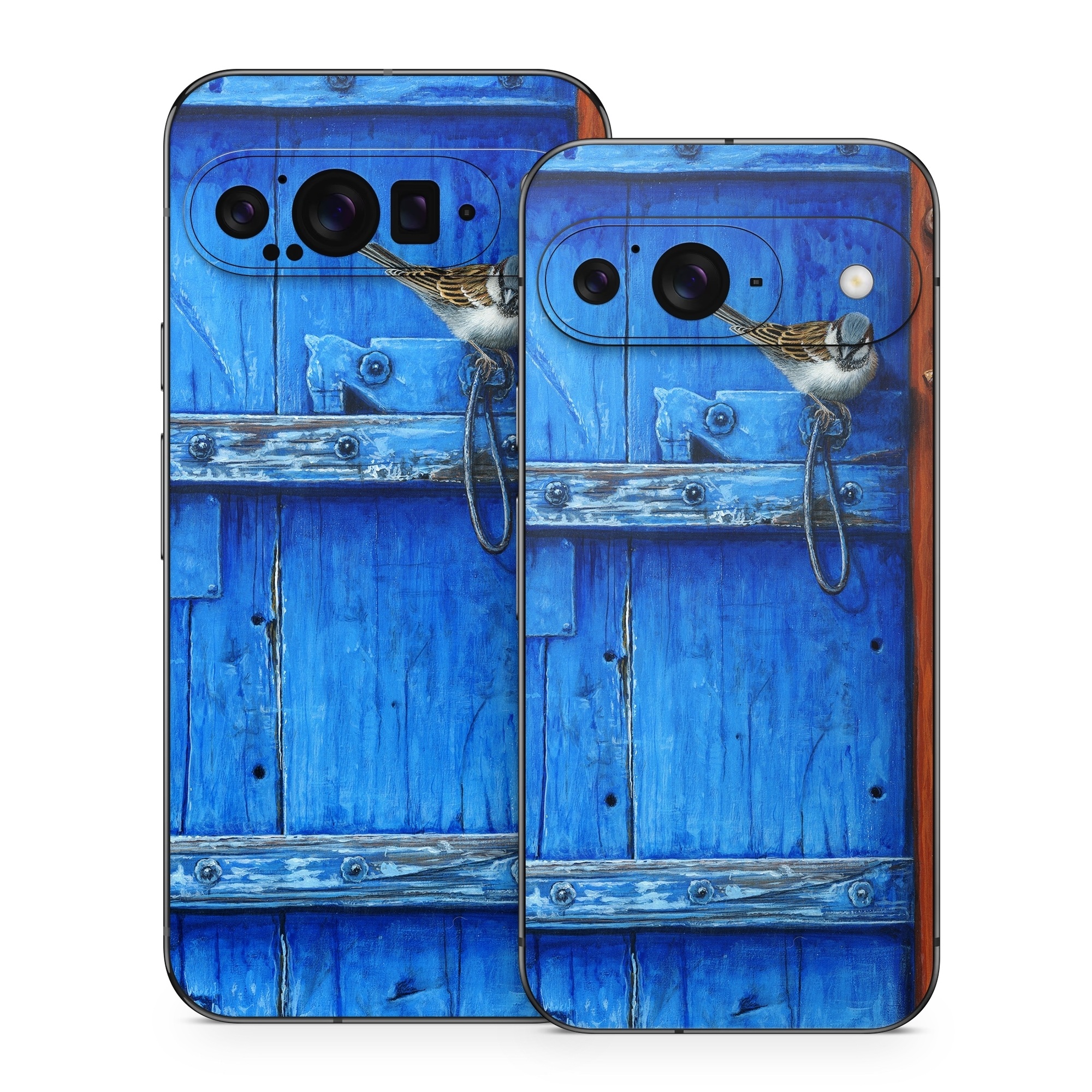 Google Pixel 9 Series Skin design of Blue, Wood, Door handle, Door, Wall, Door knocker, Electric blue, Still life photography, Window, Handle, with red, blue, brown colors