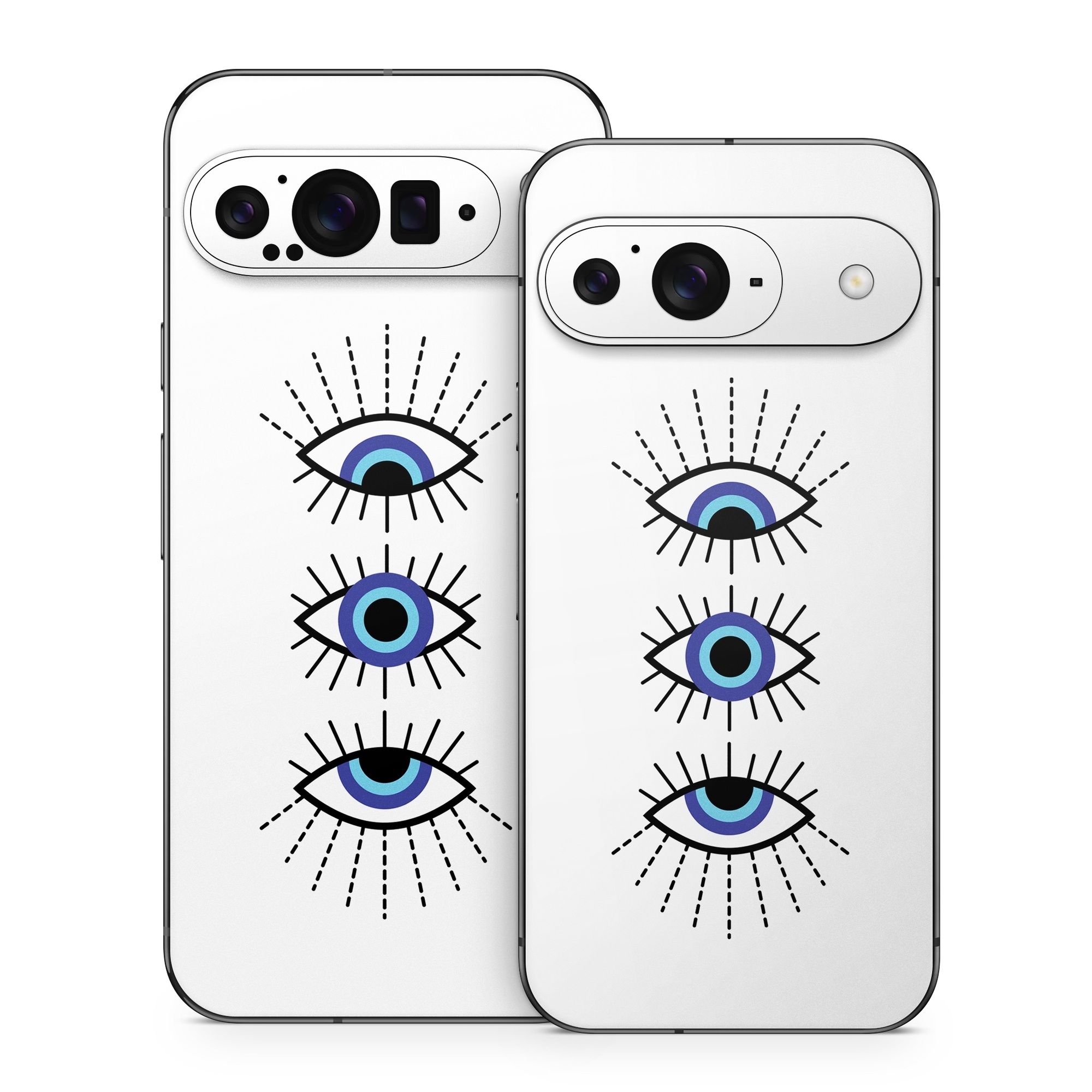 Google Pixel 9 Series Skin design of Eyebrow, Eyelash, Iris, Art, Font, Circle, Electric blue, Symmetry, Illustration, Graphics, with black, white, blue, purple colors