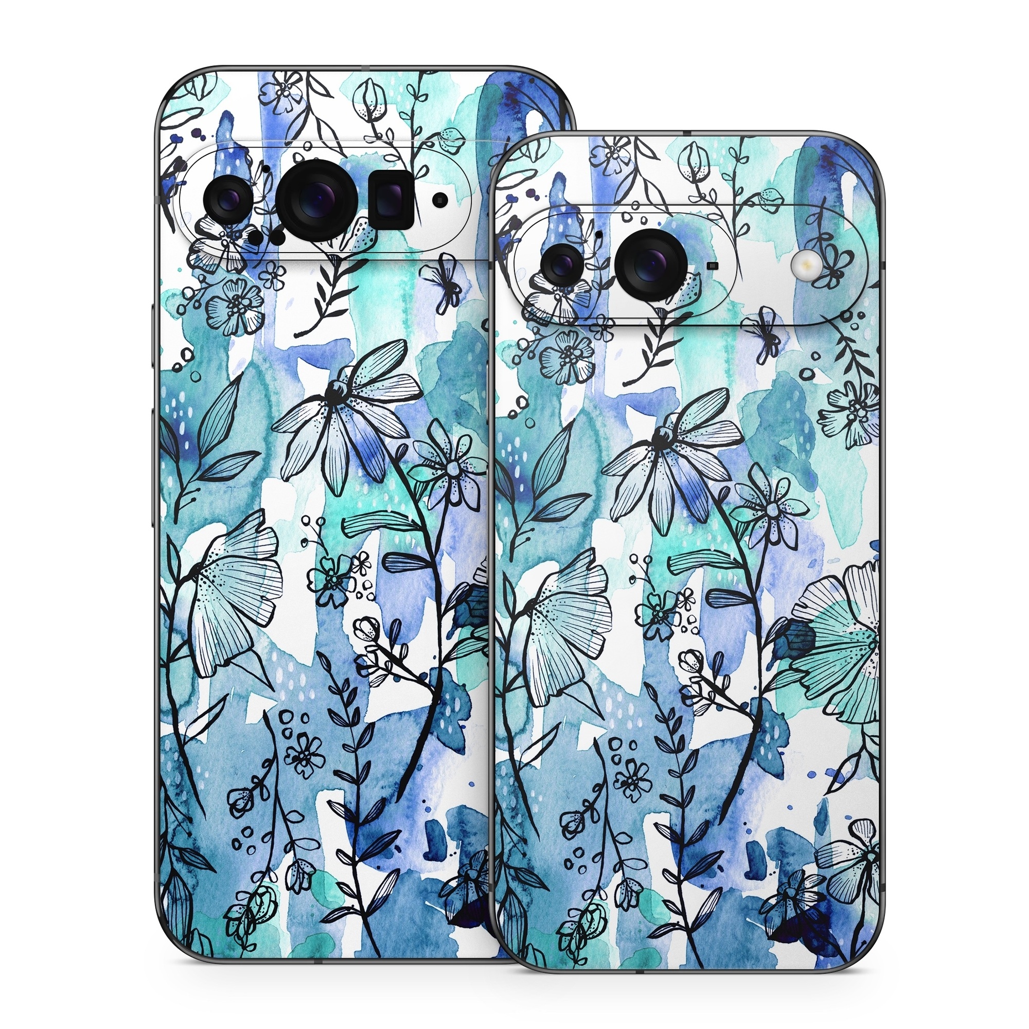 Google Pixel 9 Series Skin design of Blue, Pattern, Turquoise, Aqua, Design, Textile, Wildflower, Plant, Wrapping paper, Gift wrapping, with blue, white, black, purple colors