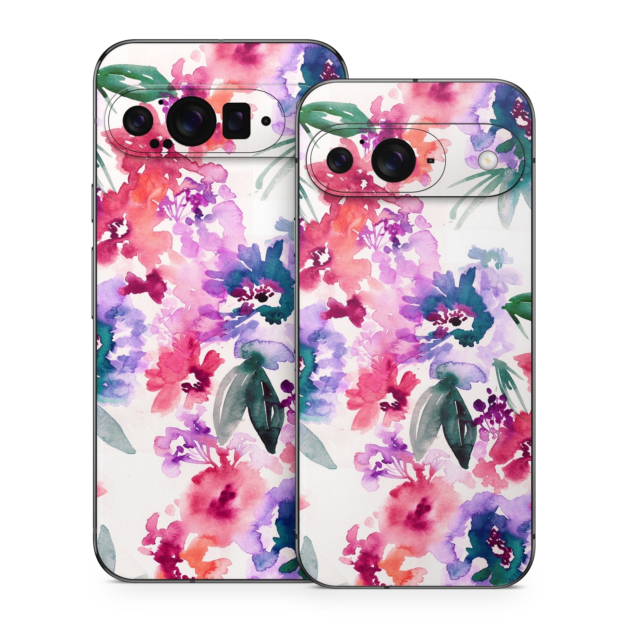 Google Pixel 9 Series Skin design of Purple, Pattern, Pink, Lilac, Violet, Flower, Watercolor paint, Floral design, Plant, Design, with green, pink, red, purple, white colors