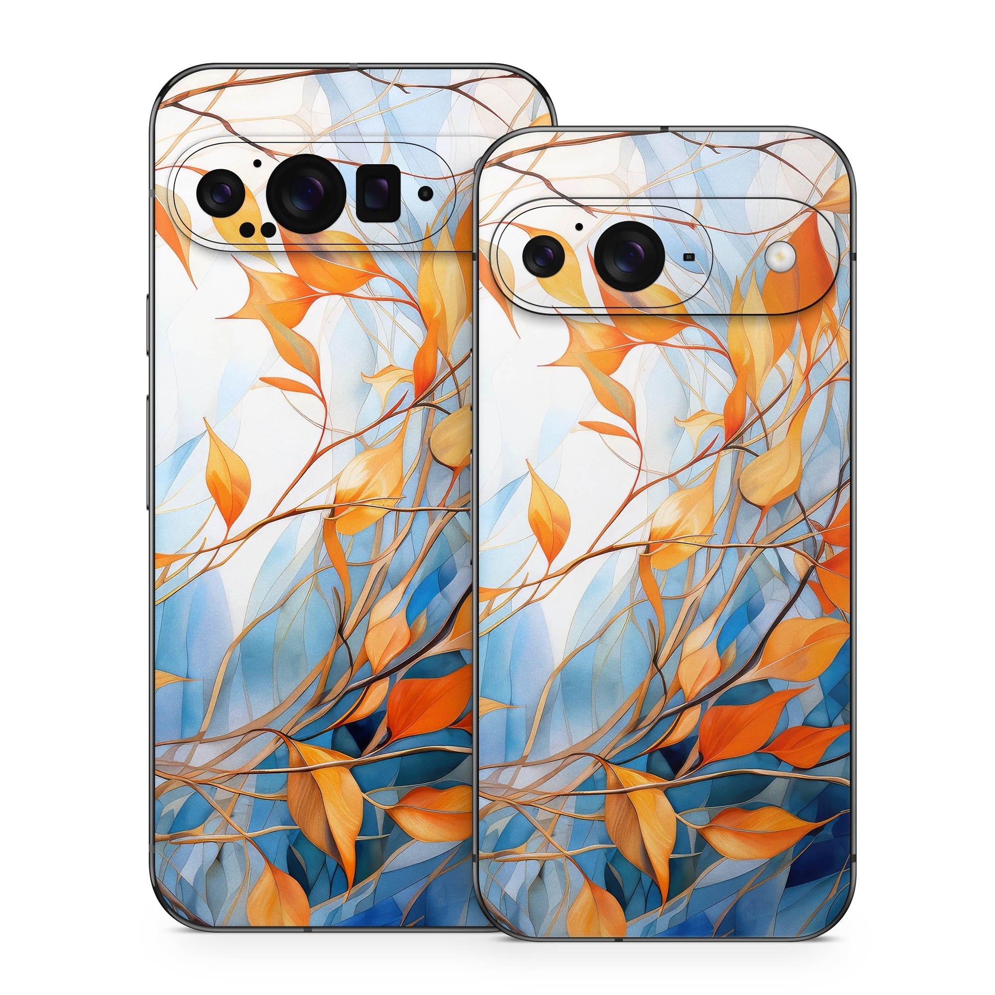 Google Pixel 9 Series Skin design of Plant, Amber, Twig, Branch, Orange, Vegetation, Natural landscape, Tree, Woody plant, Deciduous, with yellow, orange, red, blue, white, purple colors