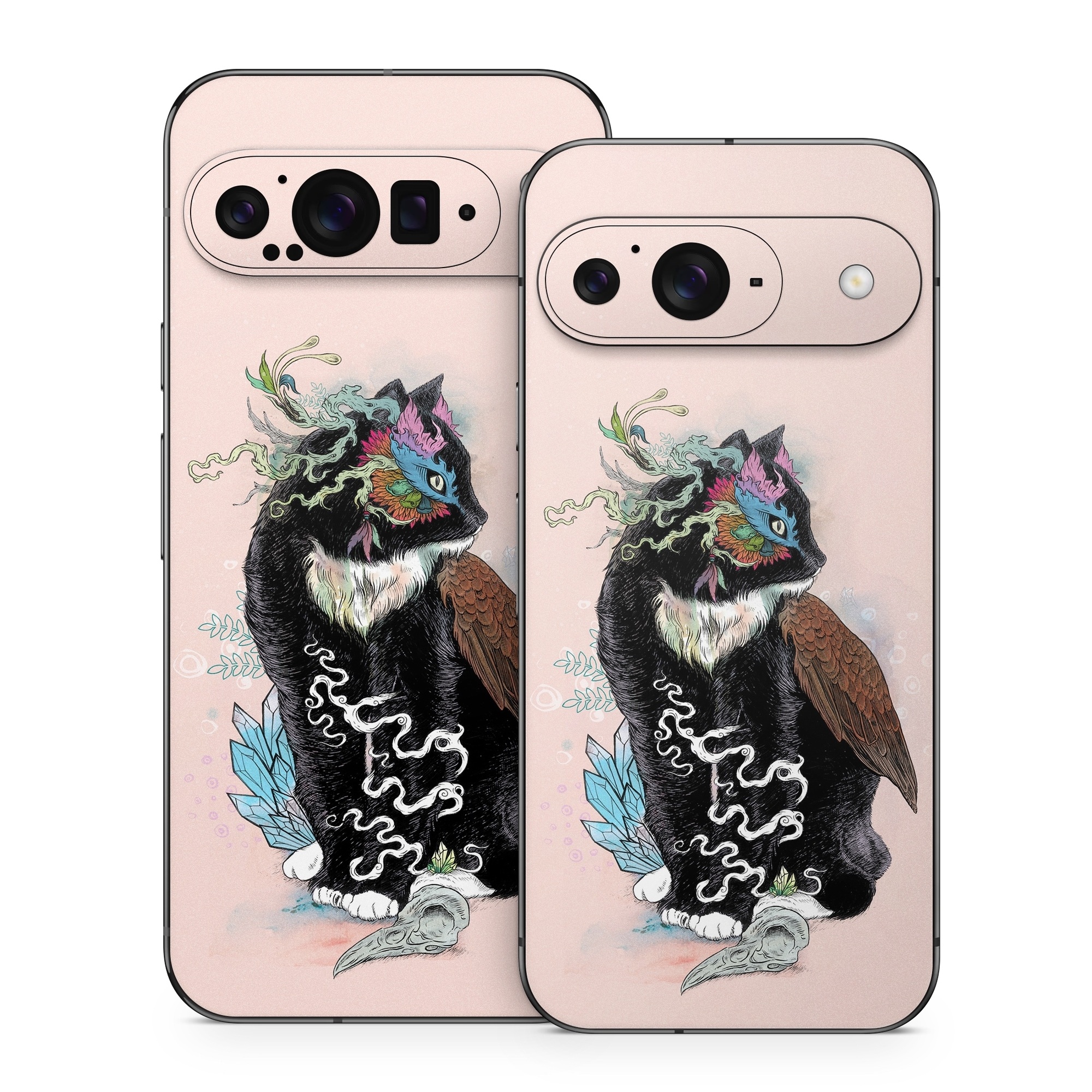 Google Pixel 9 Series Skin design of Illustration, Owl, Art, Graphic design, Cat, Tail, with pink, black, brown, red, green colors
