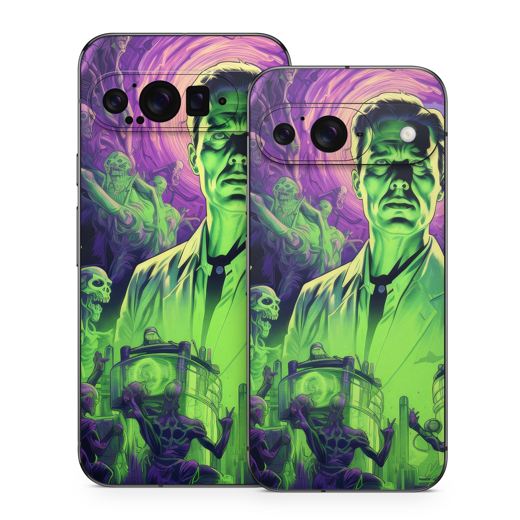 Google Pixel 9 Series Skin design of Art, Cool, Fictional character, Illustration, Painting, Electric blue, Visual arts, Artist, Event, Drawing, with black, green, purple colors