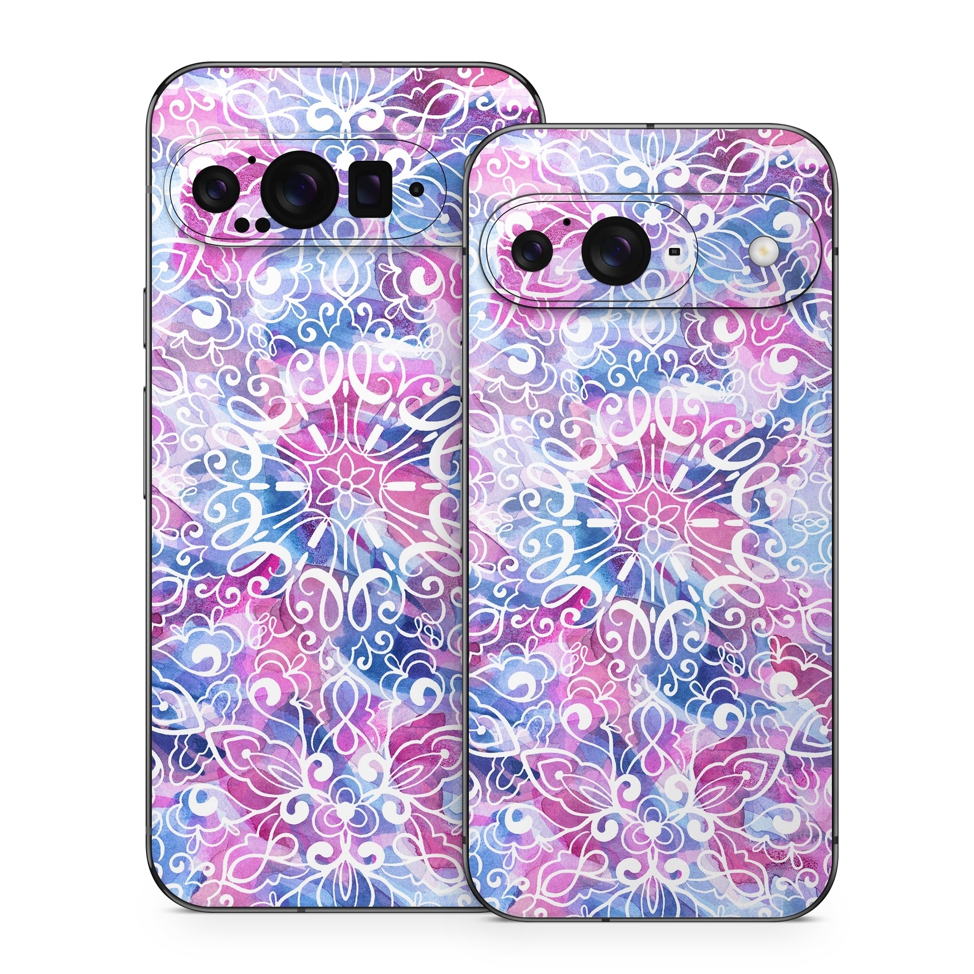 Google Pixel 9 Series Skin design of Pattern, Pink, Lilac, Design, Textile, Visual arts, Motif, Floral design, Plant, with blue, pink, purple, white colors