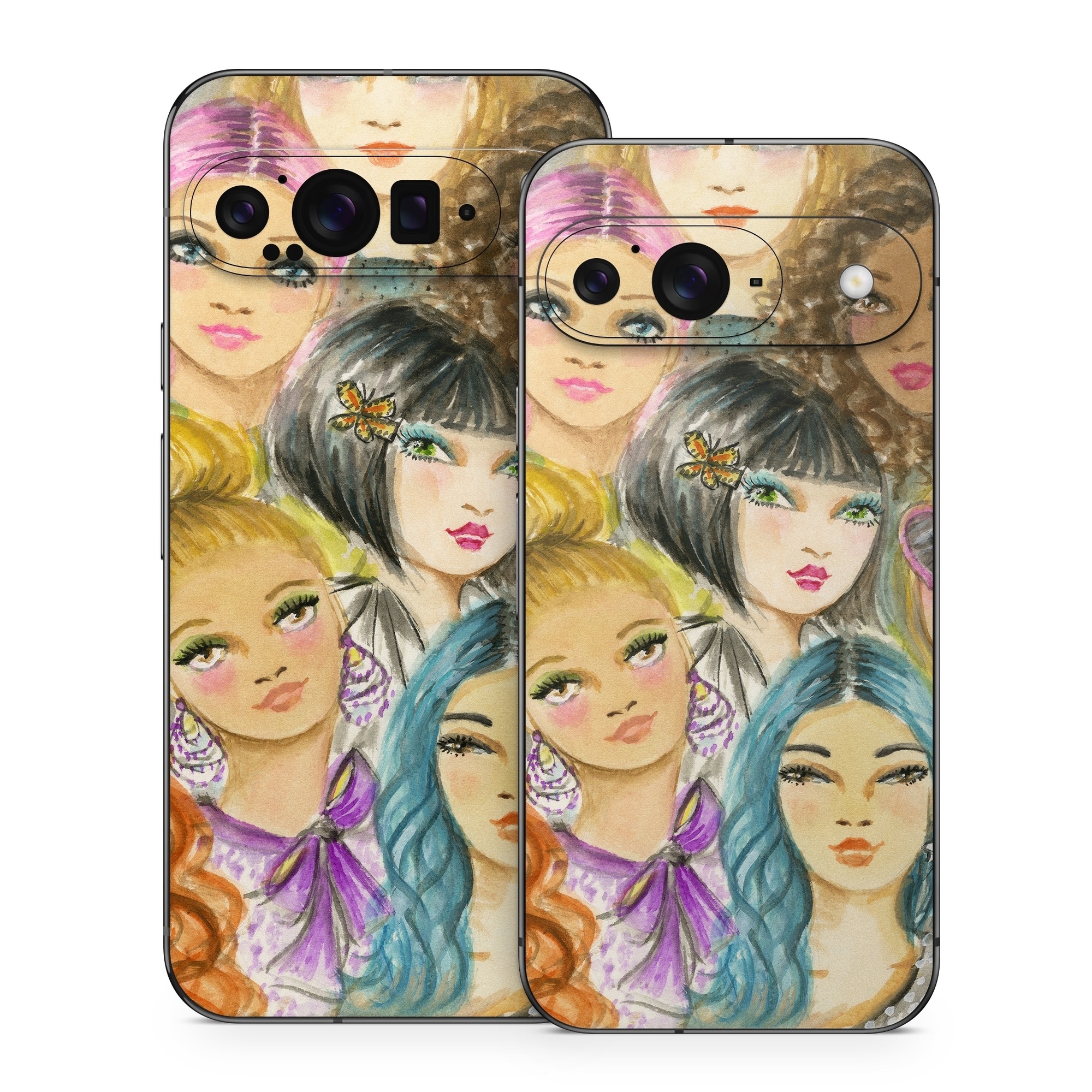 Google Pixel 9 Series Skin design of Face, Hair, Head, Art, Hair coloring, Cheek, Illustration, Human, Watercolor paint, Brown hair, with white, black, brown, yellow, purple, blue, pink colors