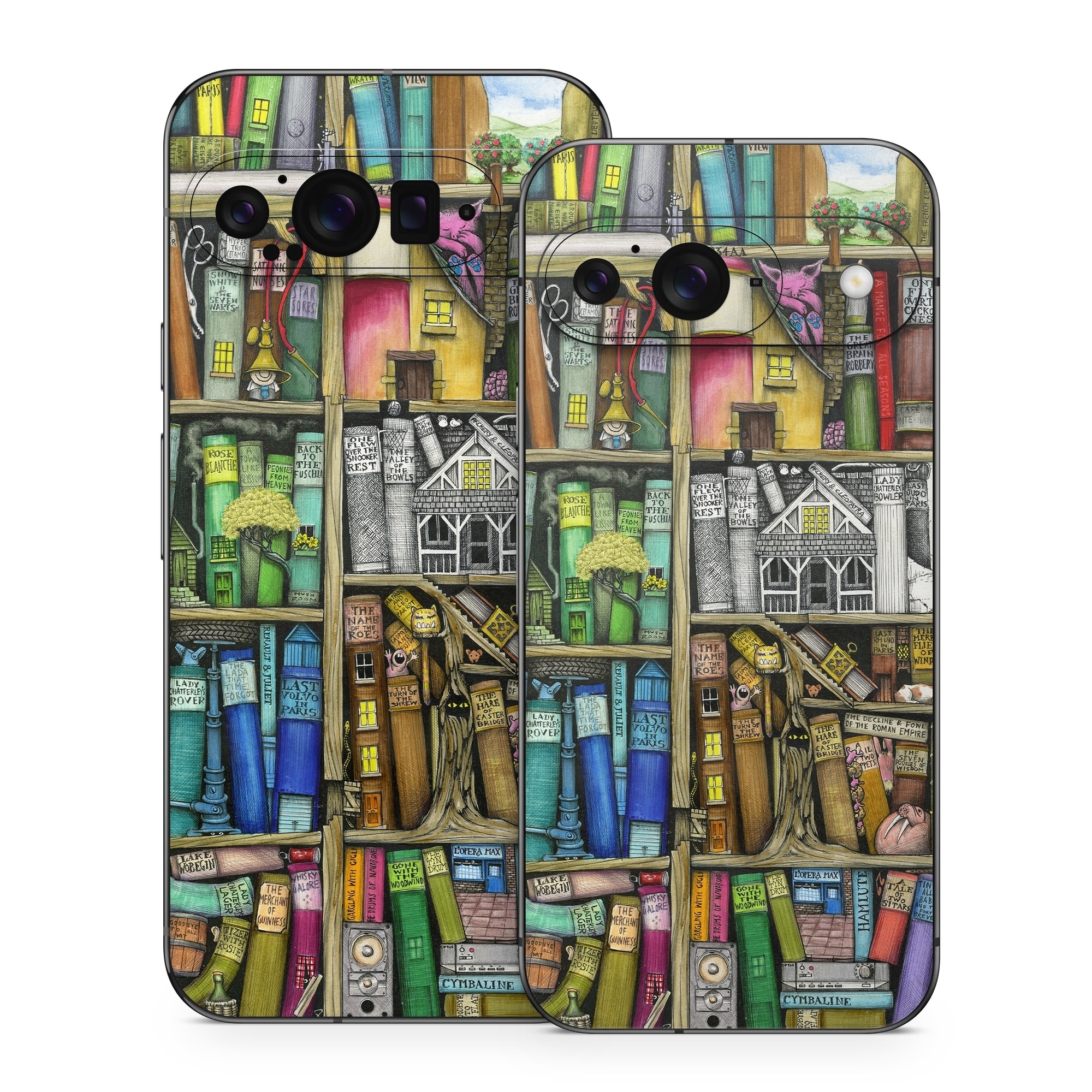 Google Pixel 9 Series Skin design of Collection, Art, Visual arts, Bookselling, Shelving, Painting, Building, Shelf, Publication, Modern art, with brown, green, blue, red, pink colors