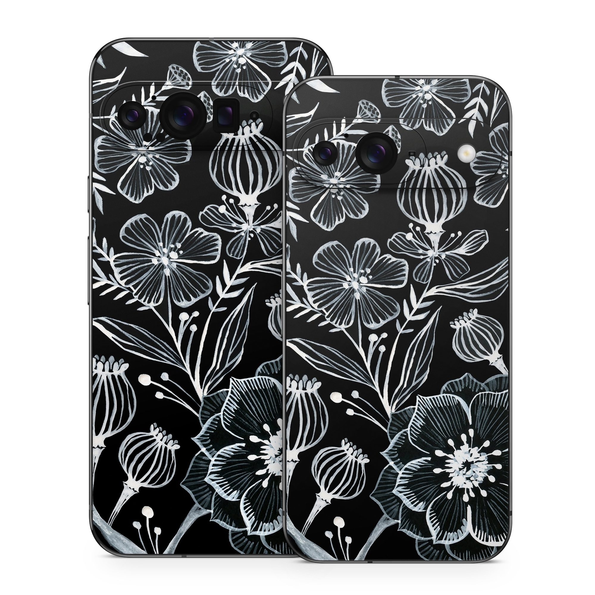Google Pixel 9 Series Skin design of Pattern, Black-and-white, Flower, Monochrome photography, Plant, Design, Monochrome, Botany, Wildflower, Visual arts, with black, white colors