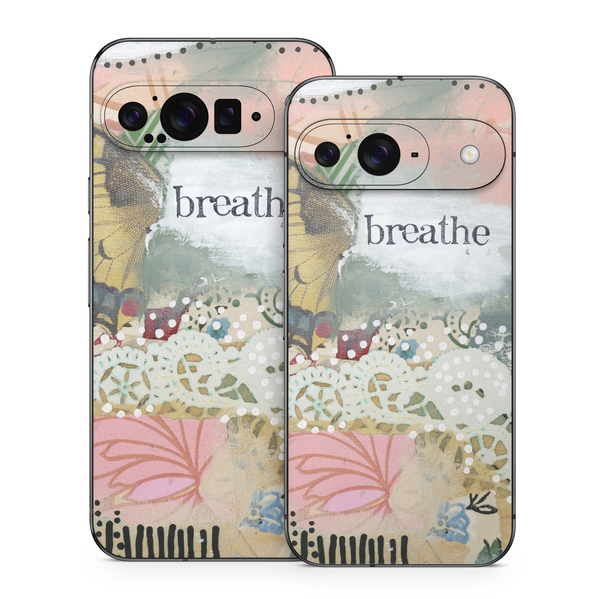Google Pixel 9 Series Skin design of Butterfly, Moths and butterflies, Insect, Pollinator, Organism, Illustration, Brush-footed butterfly, Art, Fictional character, Wildflower, with pink, brown, white, black, red, blue, green colors