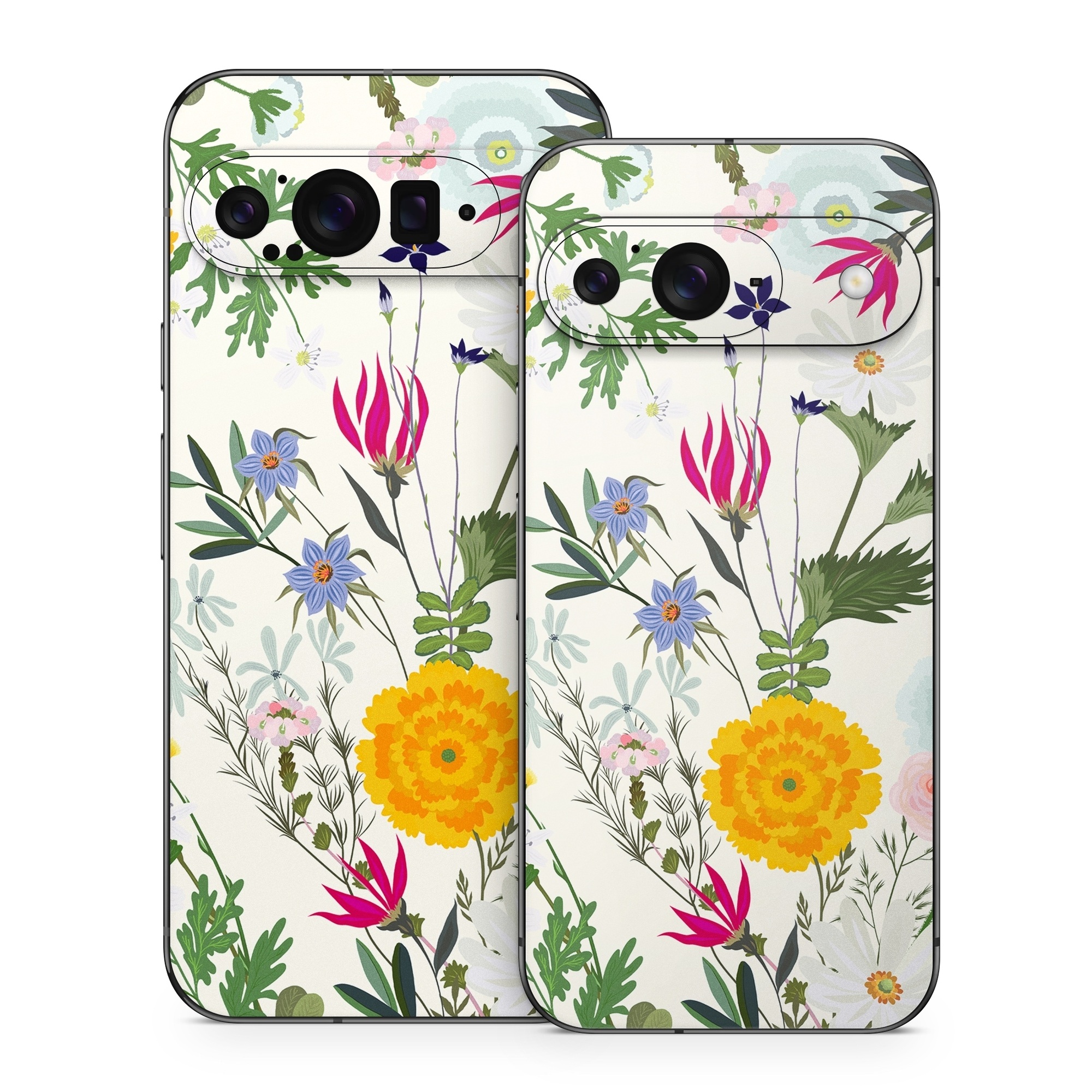 Google Pixel 9 Series Skin design of Flower, Wildflower, chamomile, Floral design, Plant, camomile, Botany, Clip art, Cut flowers, Daisy, with white, green, pink, orange, yellow, red colors
