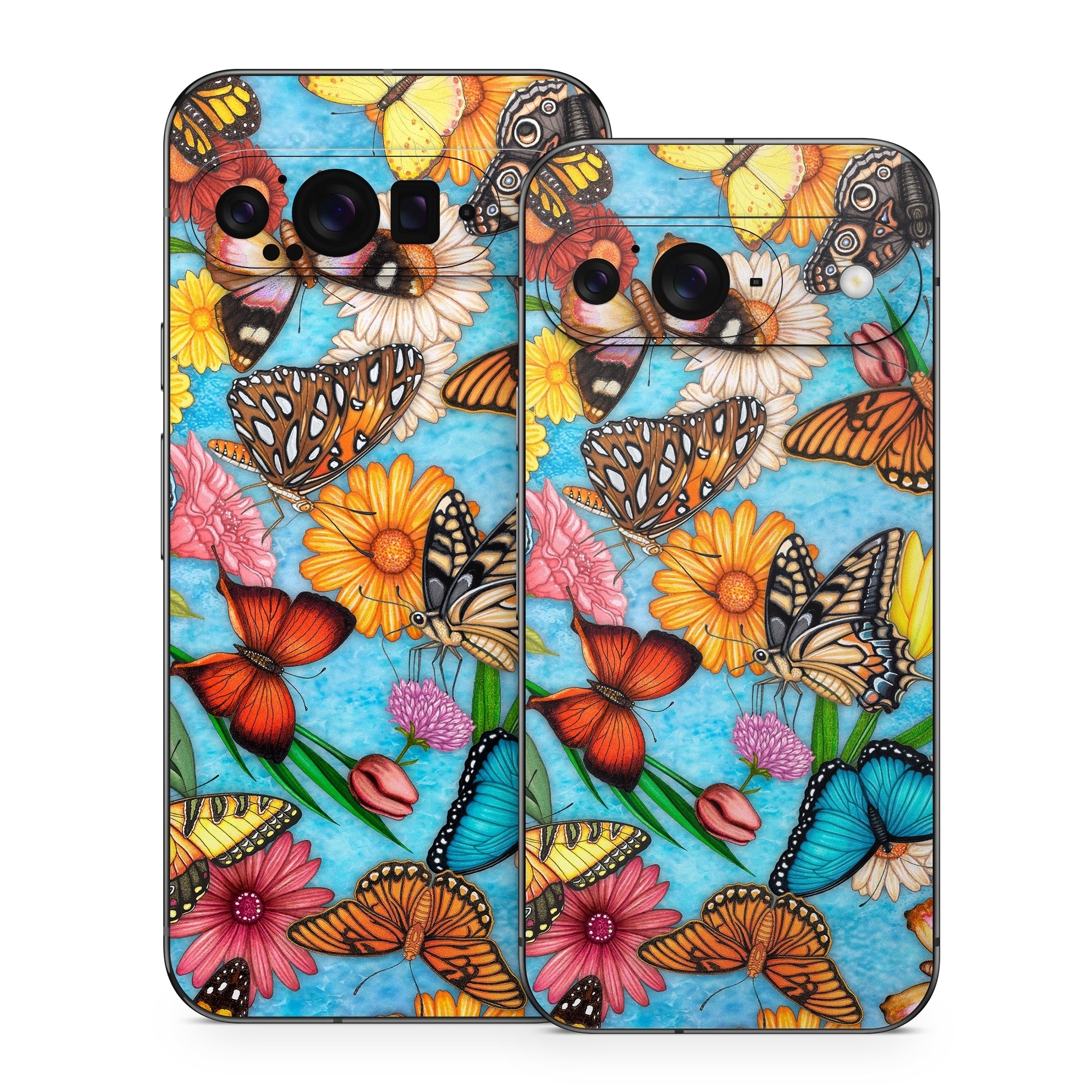 Google Pixel 9 Series Skin design of Cynthia (subgenus), Butterfly, Monarch butterfly, Moths and butterflies, Brush-footed butterfly, Pollinator, Insect, Pattern, Design, Organism, with blue, pink, orange, yellow, red colors