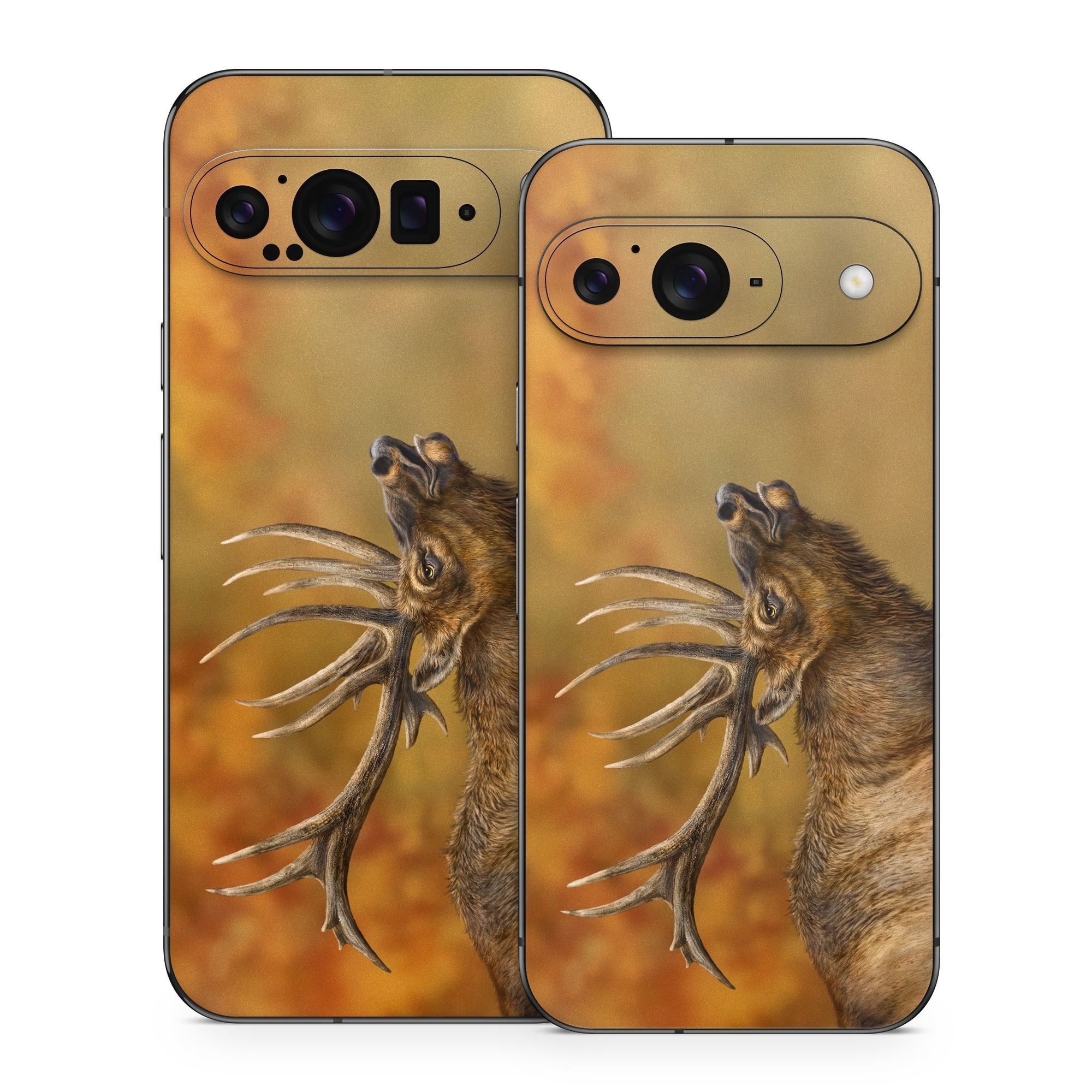 Google Pixel 9 Series Skin design of Head, Deer, Natural material, Barren ground Caribou, Fawn, Terrestrial animal, Horn, Elk, Snout, Reindeer, with brown, black, orange, yellow, gray colors