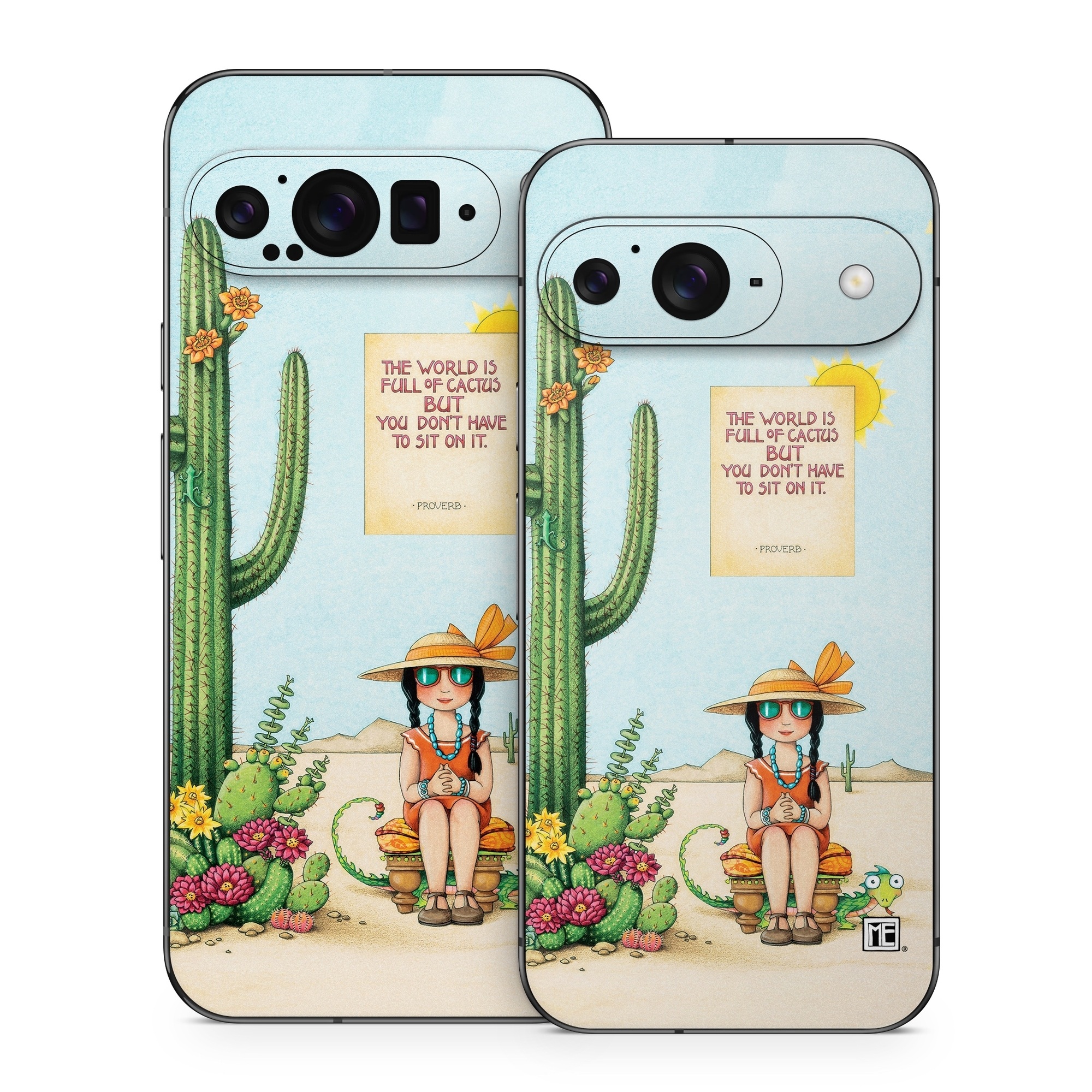 Google Pixel 9 Series Skin design of Cartoon, Cactus, Illustration, Animated cartoon, Plant, Vegetable, Fictional character, Art, with green, yellow, pink, orange, brown colors