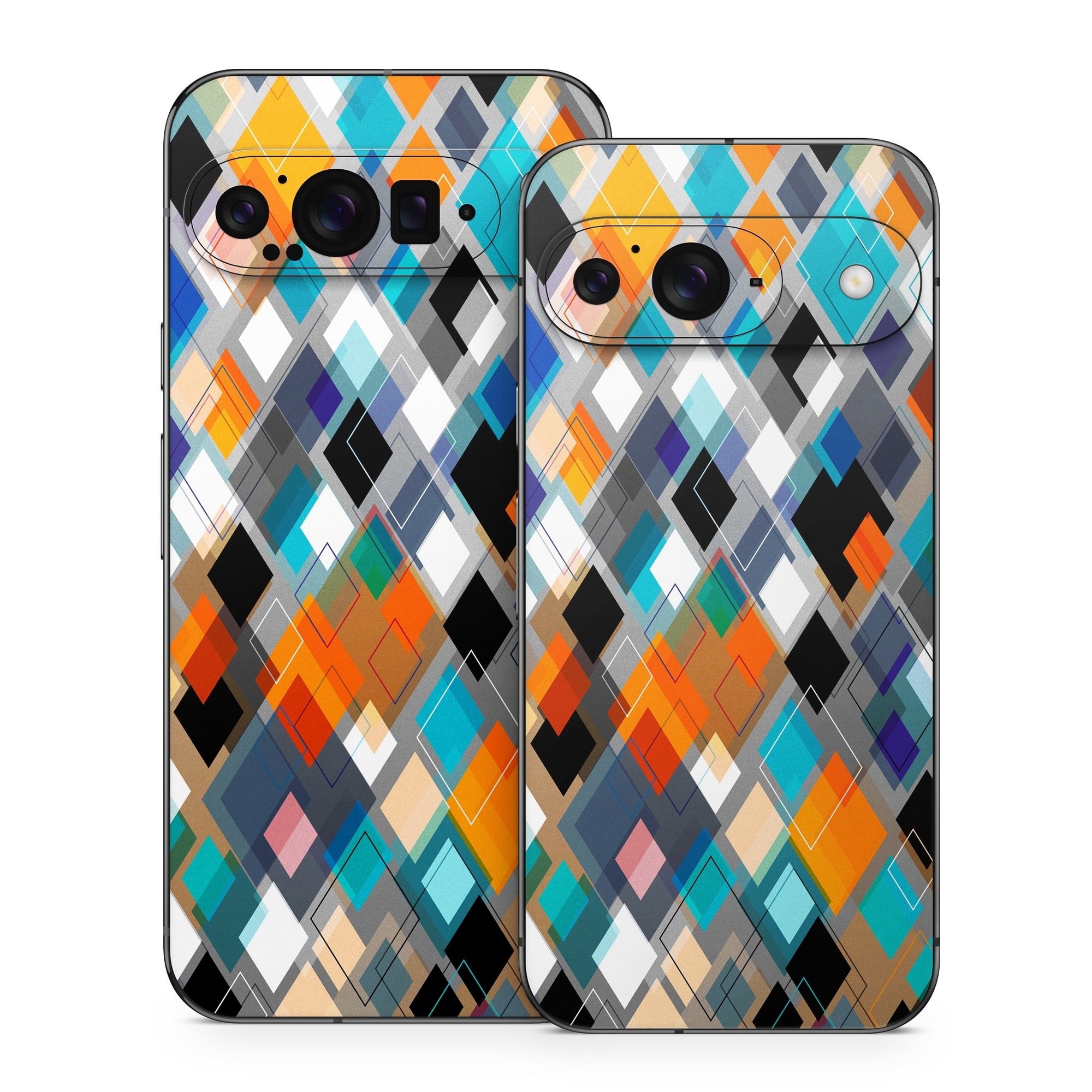 Google Pixel 9 Series Skin design of Pattern, Line, Design, Colorfulness, Plaid, Tints and shades, Textile, Symmetry, Square, with black, blue, red, orange, white colors
