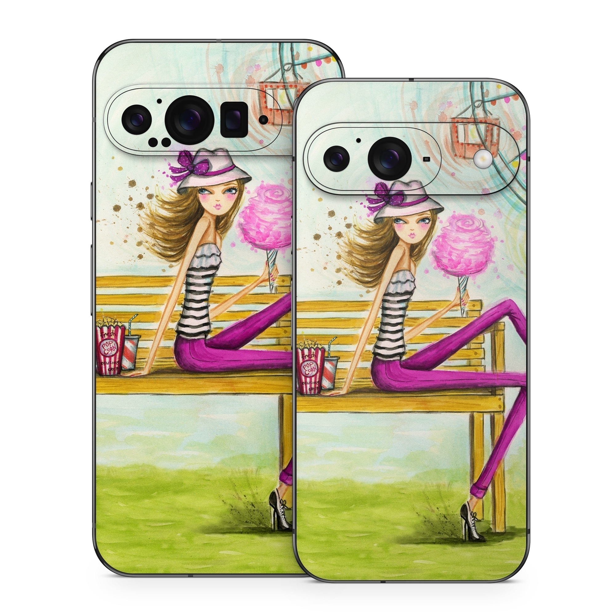 Google Pixel 9 Series Skin design of Illustration, Fashion illustration, Art, Sitting, Watercolor paint, Plant, Graphic design, Style, Painting, with green, yellow, blue, pink, purple, black, white, orange colors