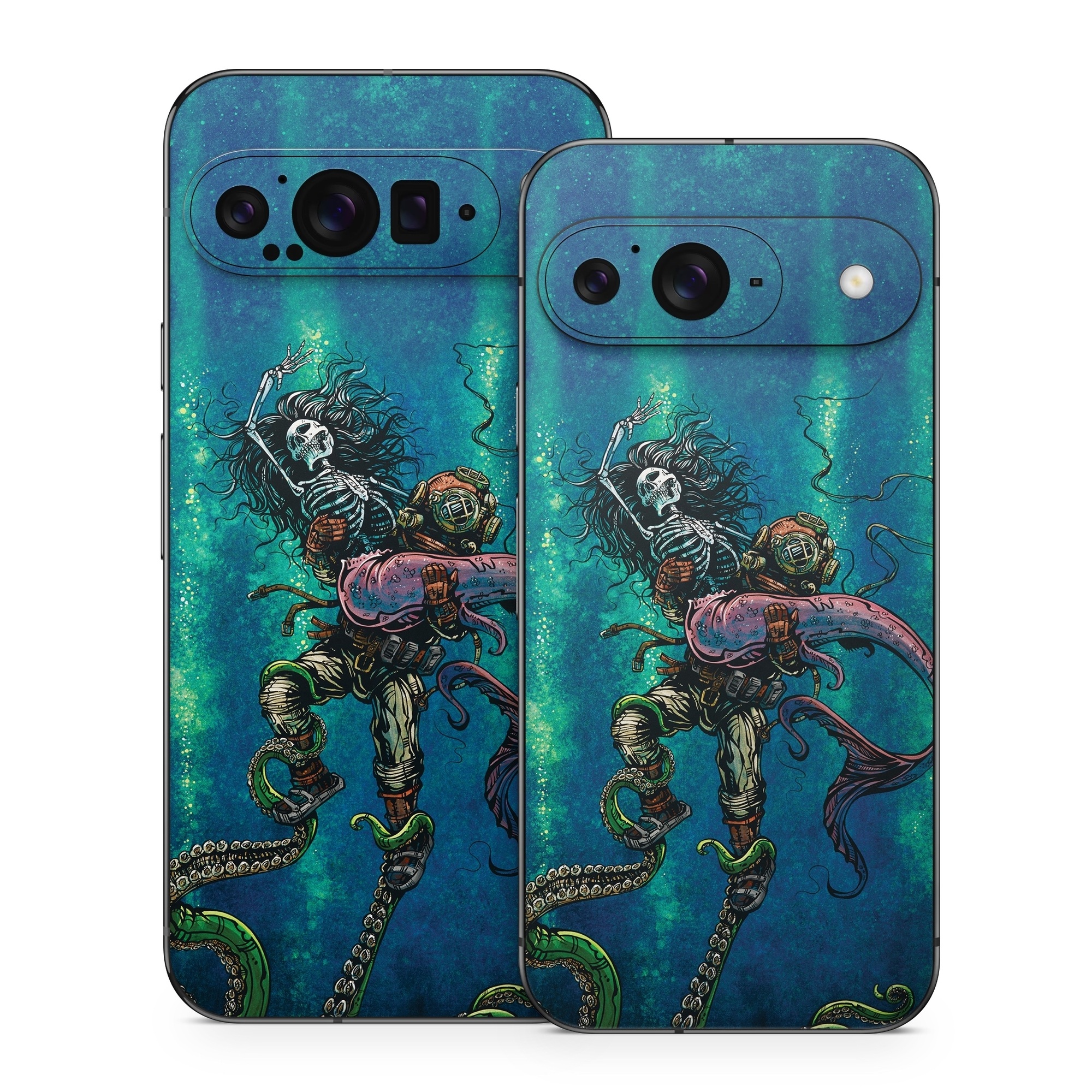Google Pixel 9 Series Skin design of Water, Fluid, Underwater, Marine invertebrates, Marine biology, Electric blue, Liquid, Recreation, Underwater diving, Art, with blue, green, orange, purple, pink, black, white, gray colors