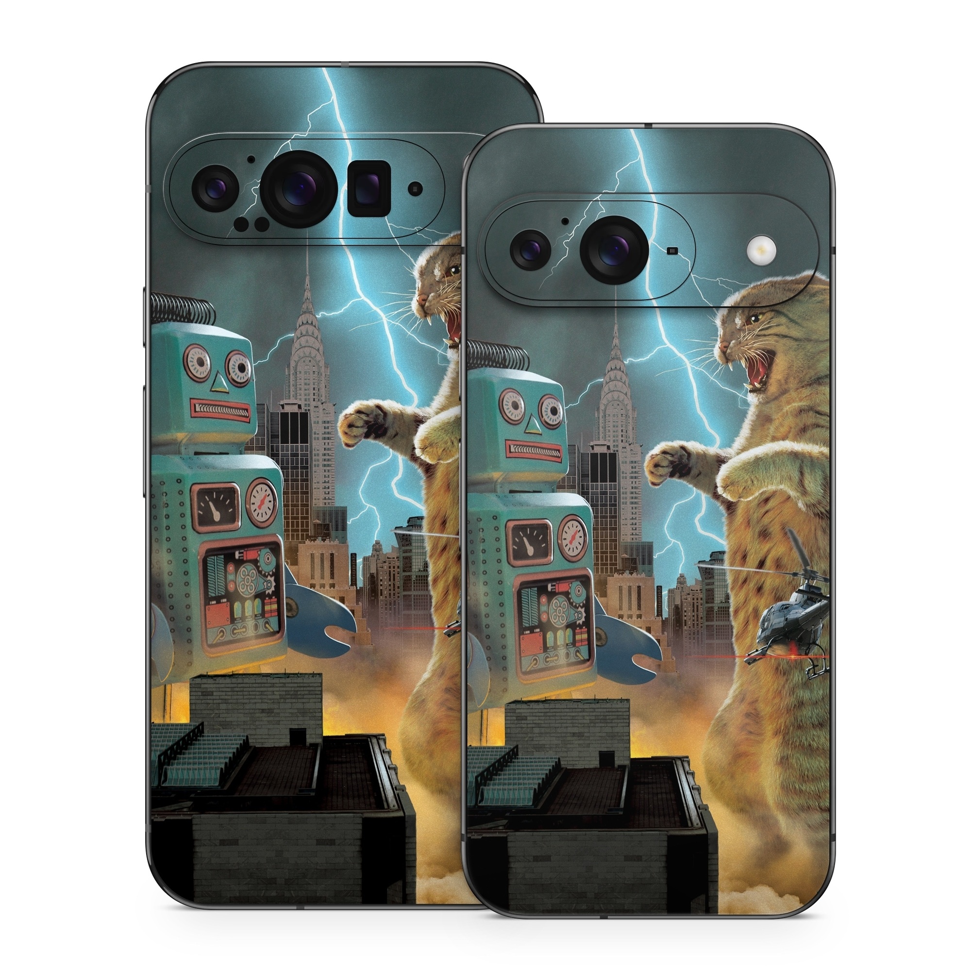 Google Pixel 9 Series Skin design of Lightning, Felidae, Carnivore, Art, Whiskers, Big cats, Cg artwork, Terrestrial animal, Small to medium-sized cats, Thunder, with black, blue, red, yellow, white, brown, gray, orange colors