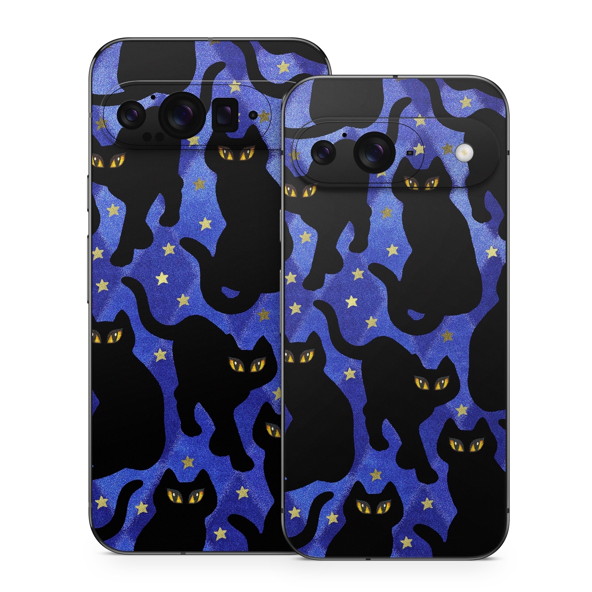 Google Pixel 9 Series Skin design of Black cat, Black, Cat, Small to medium-sized cats, Pattern, Felidae, Design, Electric blue, Illustration, Art, with black, blue, purple, yellow colors